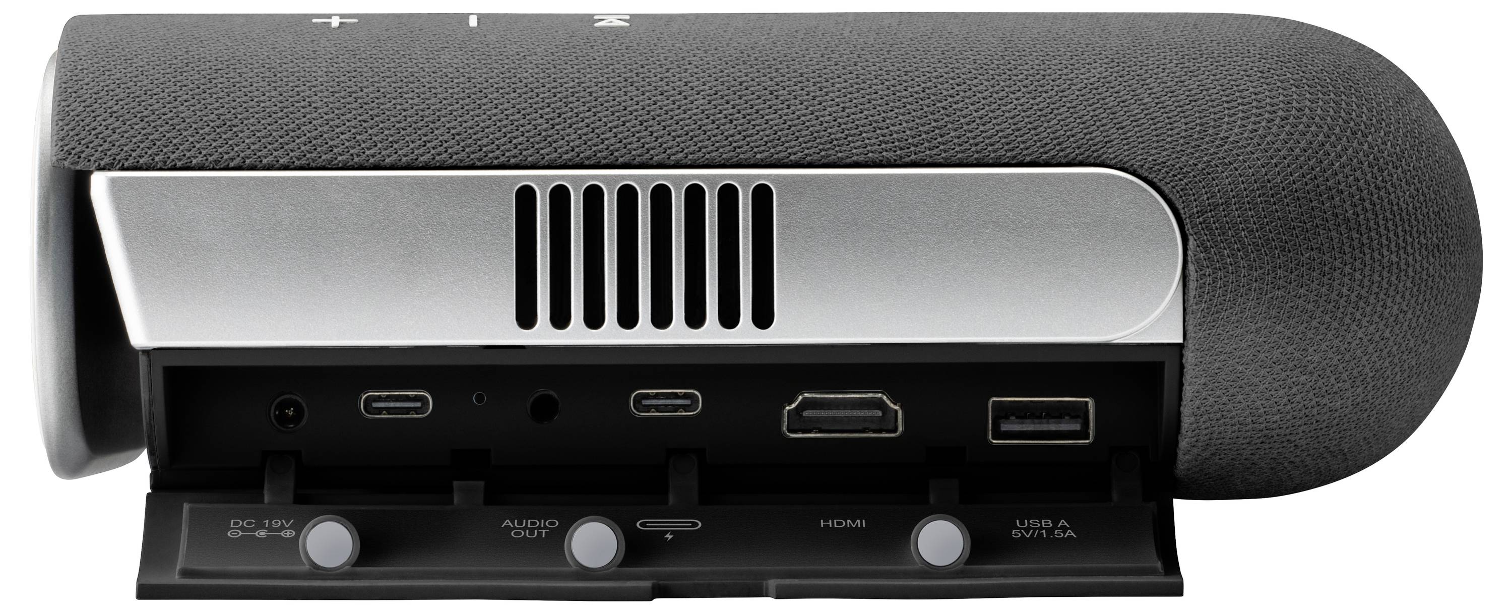 Ein schwarzer Lautsprecher mit Anschlüssen, einschließlich DC 19V, optischer Eingang, Audioausgang, HDMI, USB und LAN, mit einem mit Stoff überzogenen Design.