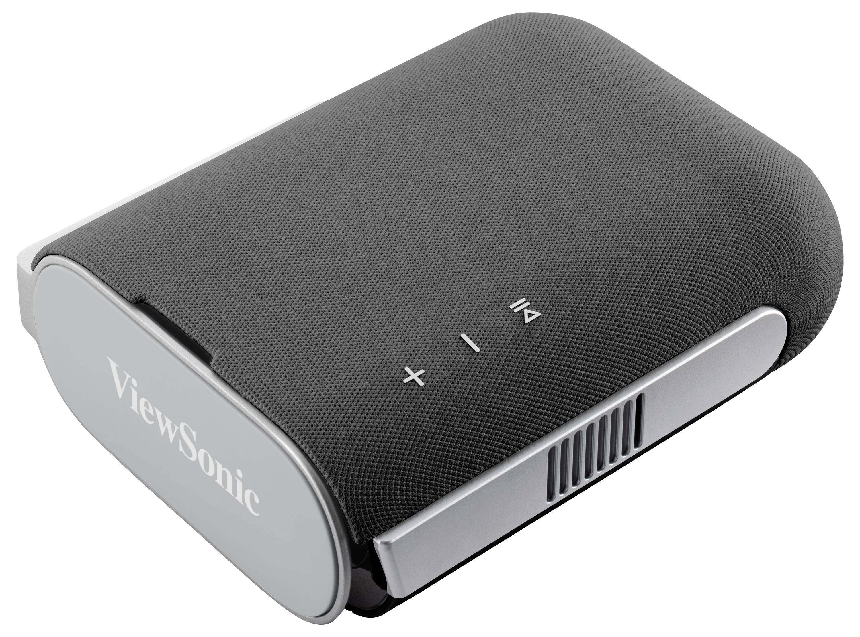 Ein kompakter, rechteckiger ViewSonic-Tragprojektor mit strukturierter Oberfläche, ausgestattet mit Bedienungstasten oben und Belüftungsöffnungen an der Seite.