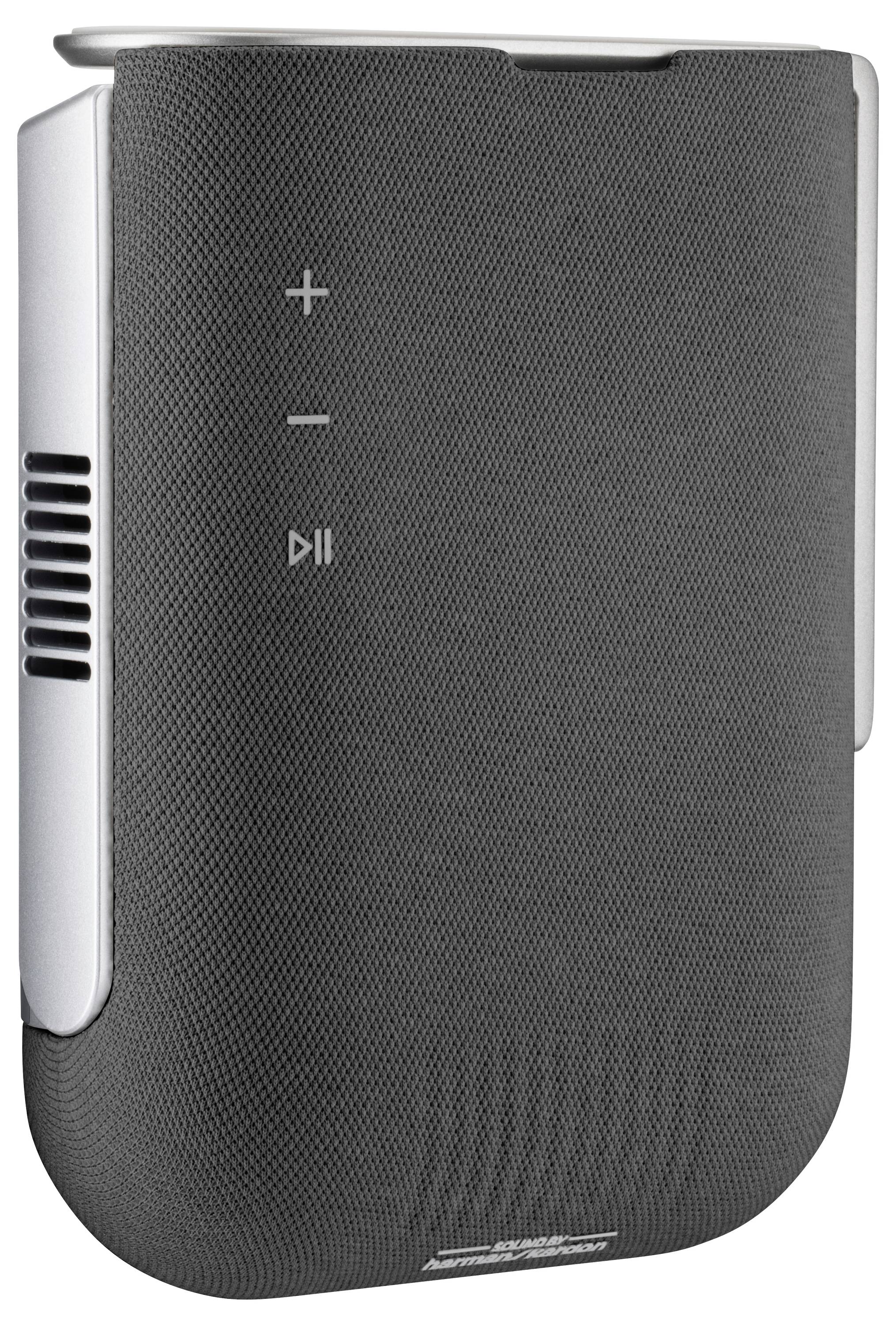 Ein kompakter, schwarzer tragbarer Lautsprecher mit Lautstärkeregelung und Wiedergabe-/Pausetasten auf seiner Stoffoberfläche, der für drahtlose Audioübertragung konzipiert ist.
