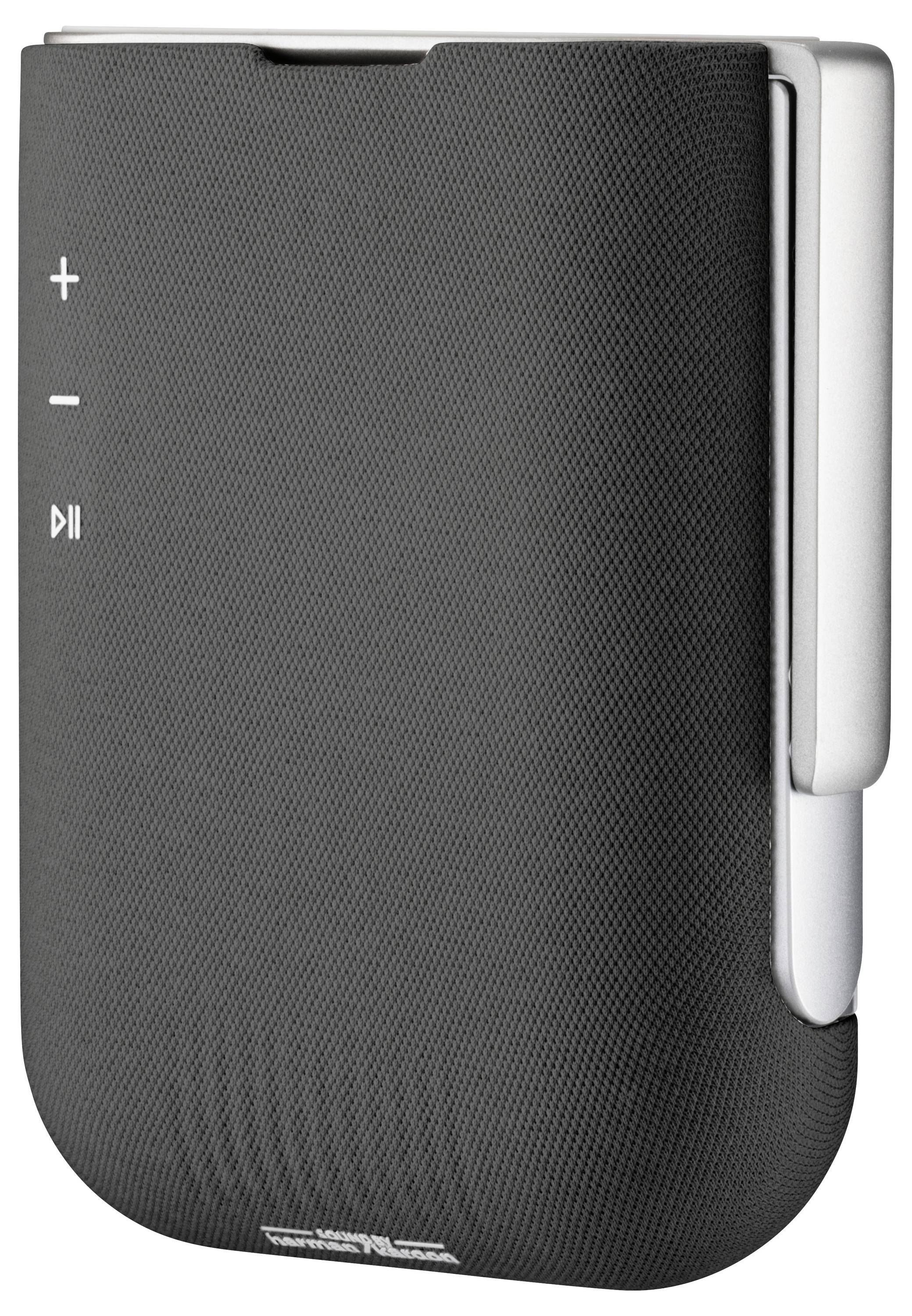 Ein schwarzer tragbarer Lautsprecher mit Plus-, Minus- und Play-Tasten auf der Vorderseite, ausgestattet mit einer strukturierten Oberfläche und kompaktem Design.