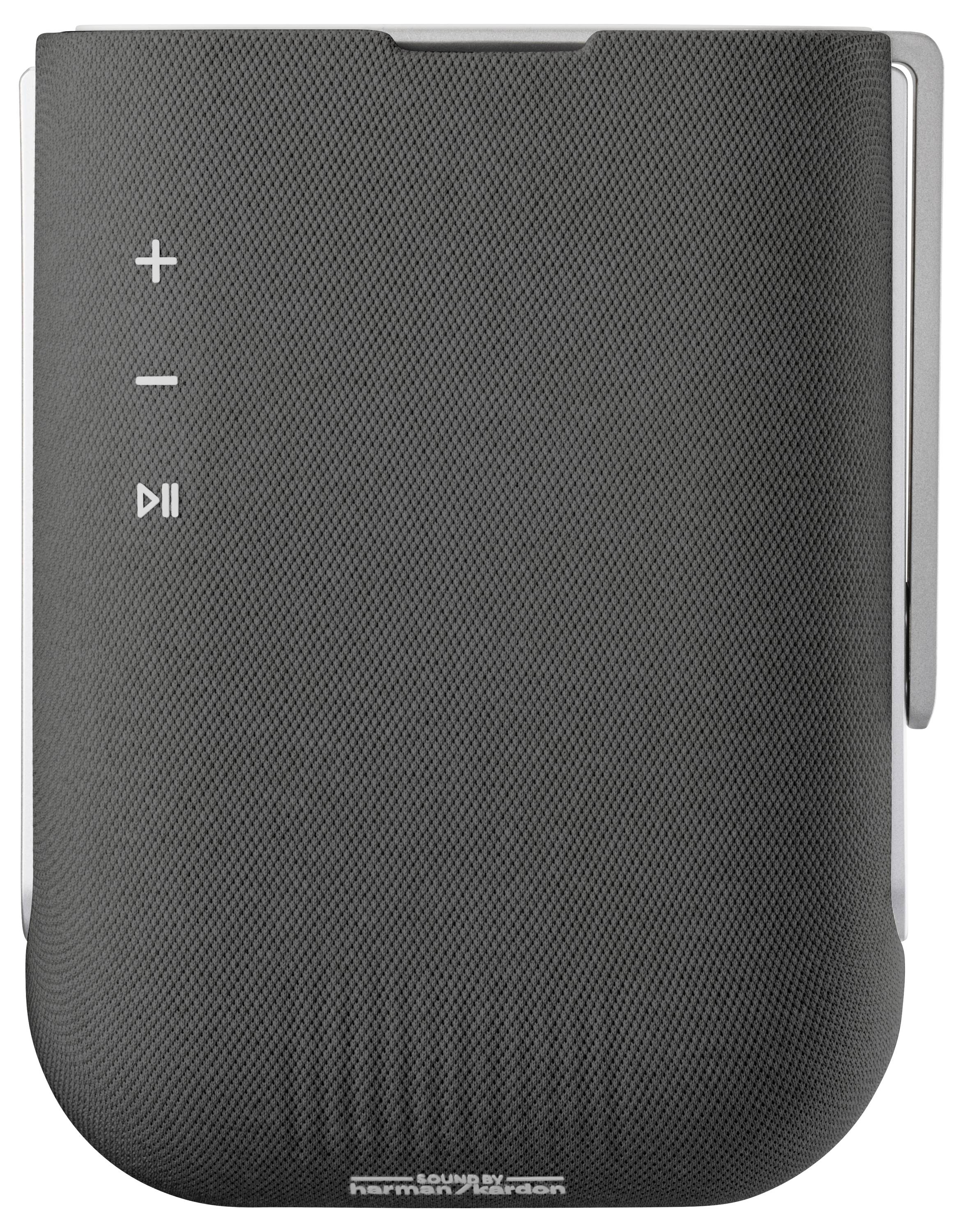 Ein schwarzer tragbarer Lautsprecher mit '+' und '-' Lautstärkereglern und einer Play/Pause-Taste auf seiner Vorderseite. Markenschriftzug ist am unteren Rand sichtbar.