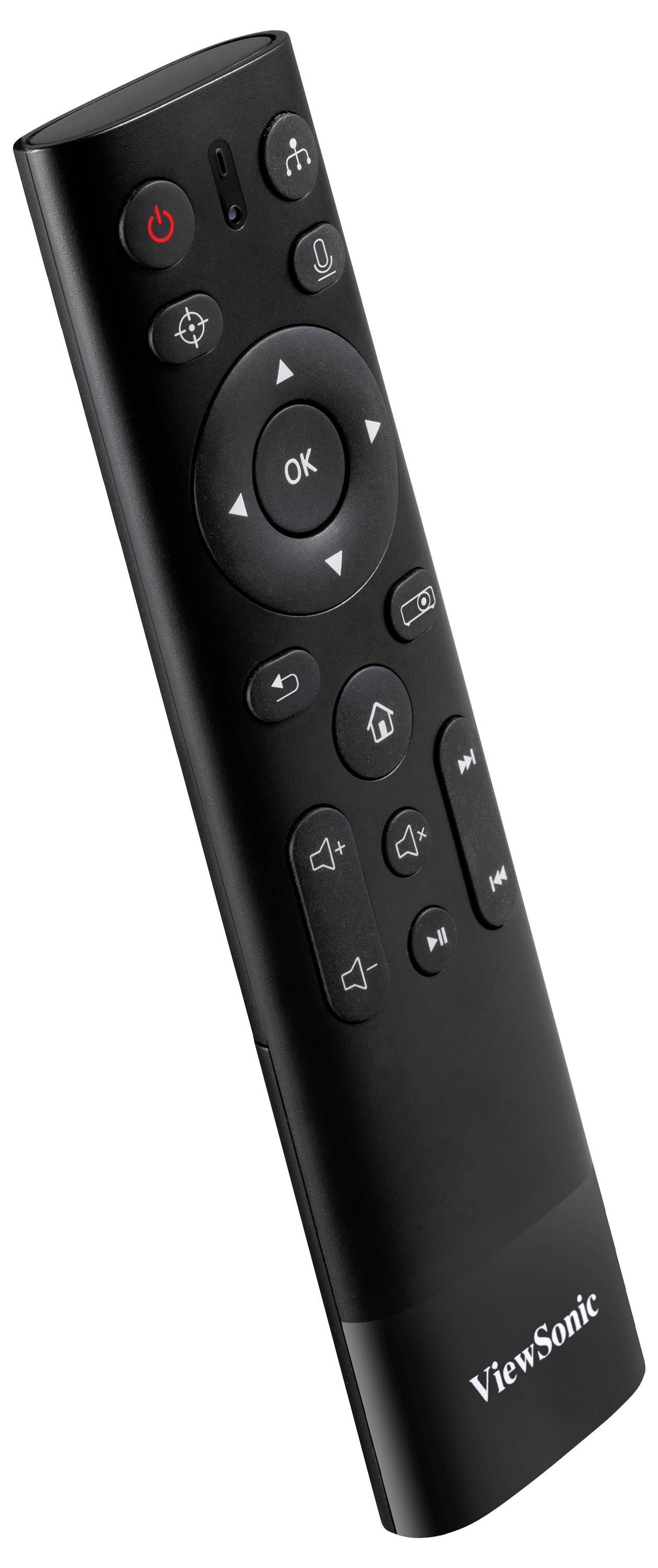 Eine schwarze Fernbedienung mit verschiedenen Tasten und 'ViewSonic' Branding, die zur Bedienung elektronischer Geräte verwendet wird.