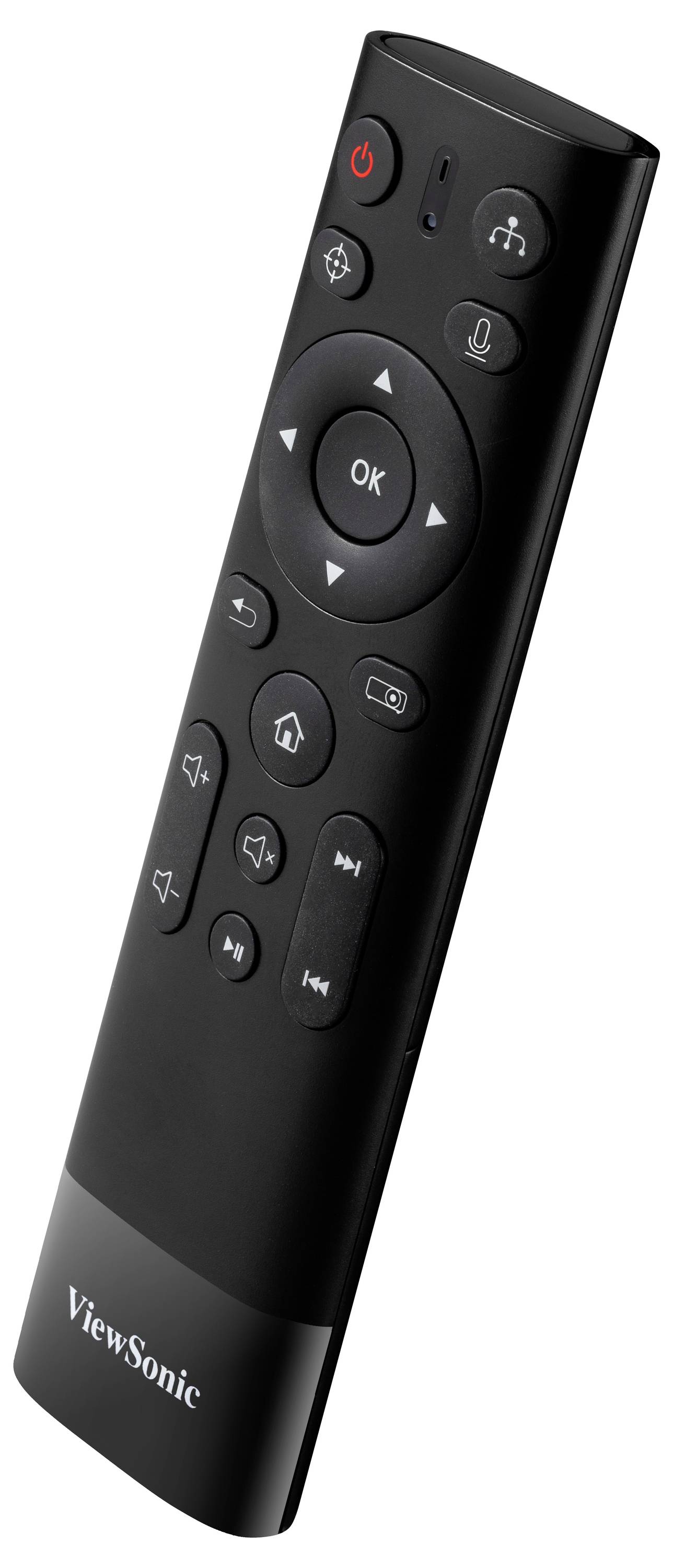 Eine schwarze Fernbedienung mit Tasten für Ein/Aus, Navigation, Lautstärke und Stumm. Die Marke 'ViewSonic' ist unten sichtbar.