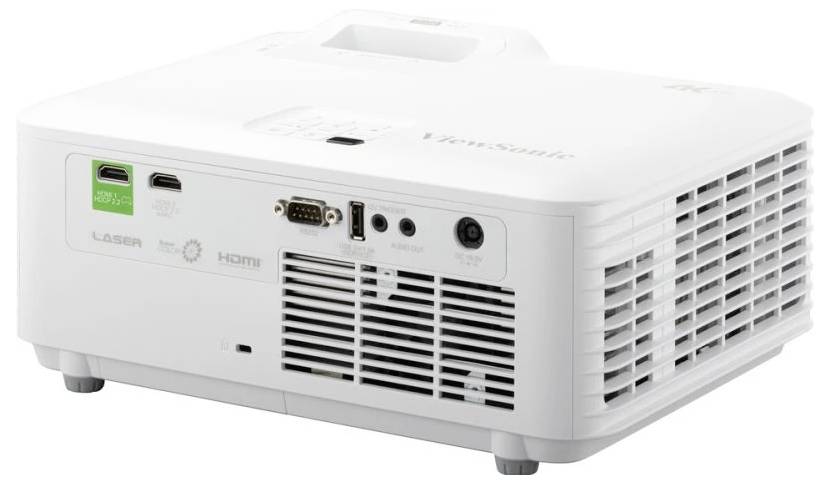 Ein weißer ViewSonic-Projektor mit verschiedenen Eingangsbuchsen, einschließlich HDMI und VGA, und einer belüfteten Seite zur Kühlung.