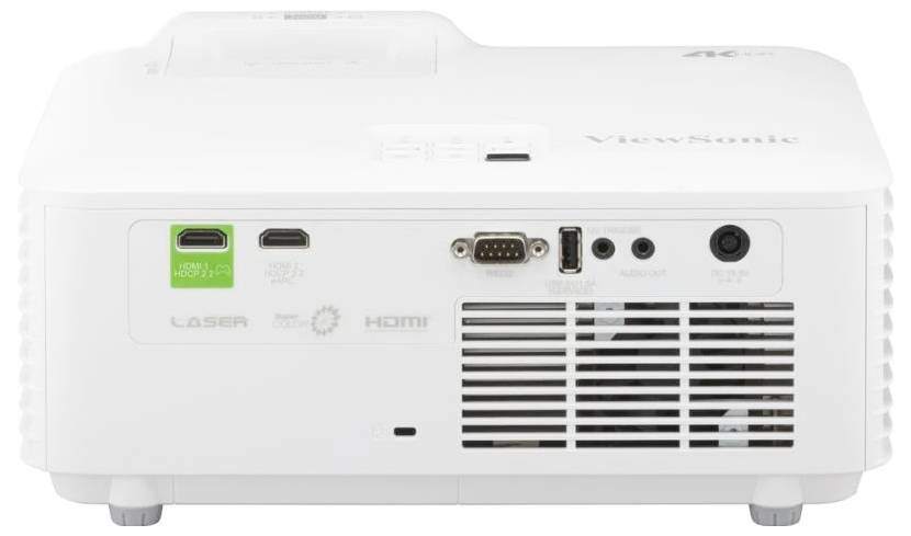 Rückansicht eines ViewSonic-Projektors mit verschiedenen Anschlüssen wie HDMI, USB-C, VGA, Audioeingang und Stromanschluss.