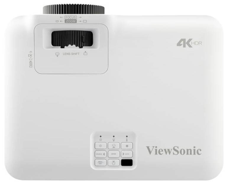 ViewSonic 4K HDR Projektor, Draufsicht mit Linse, Bedienungstasten und 'ViewSonic' Logo. Weißer Körper mit Zoom- und Linsenjustierungspanel.