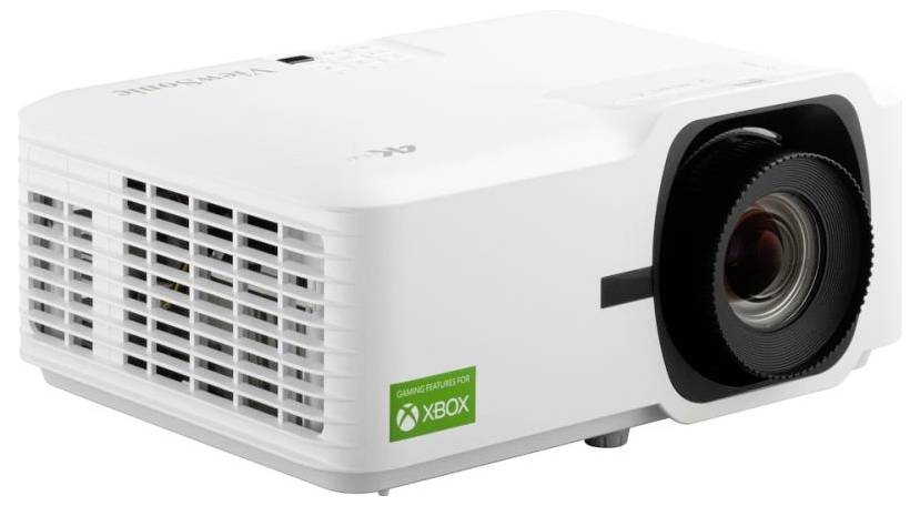 Ein weißer Projektor mit einer schwarzen Linse, versehen mit dem grünen Xbox-Logo, speziell für Spieleprojektionen entwickelt.