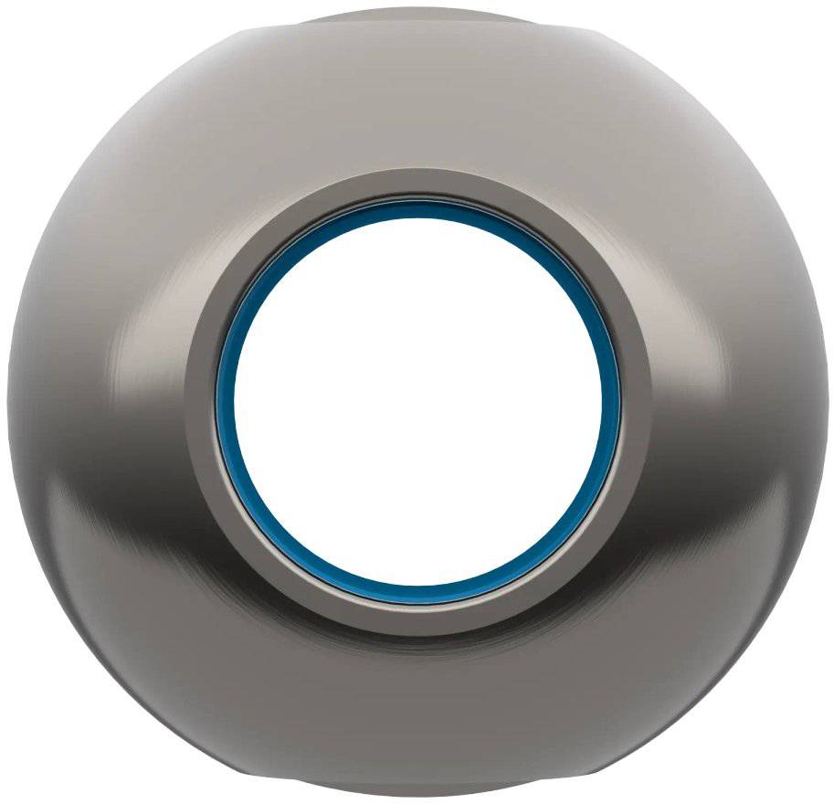 Ein rundes, metallisches Objekt mit einem zentralen blauen Ring umgibt einen inneren weißen Kreis und erinnert an ein futuristisches Gerät oder Portal.