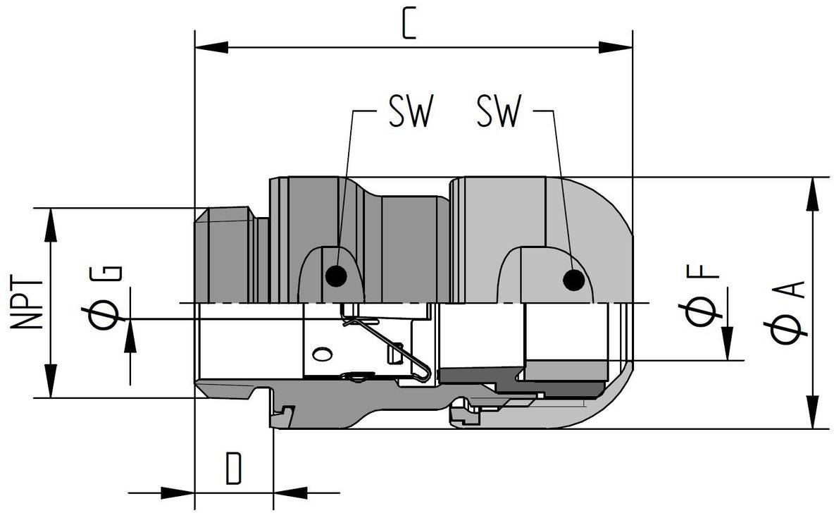 Technische Zeichnung eines mechanischen Bauteils mit gekennzeichneten Abmessungen: C, SW, A, F, G und D. NPT gibt den Gewindetyp an.