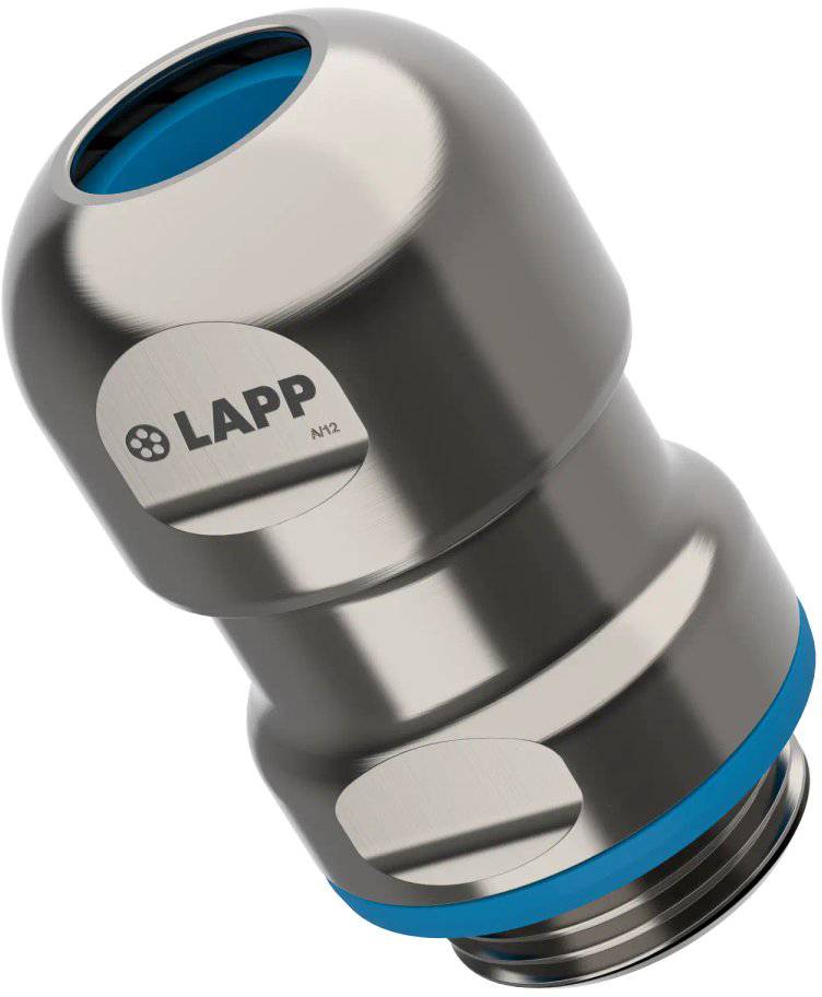 Eine metallische Kabelverschraubung mit einer blauen Dichtung, auf der Seite mit der Marke 'Lapp' versehen, die zum Sichern von Kabeln in elektrischen Geräten entwickelt wurde.