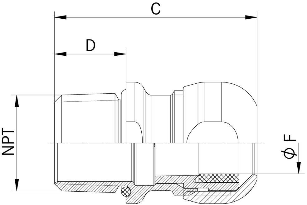 Eine technische Zeichnung einer mechanischen Verbindung mit beschrifteten Dimensionen C, D, NPT und F, die Querschnitts- und Außenansichten zeigt.