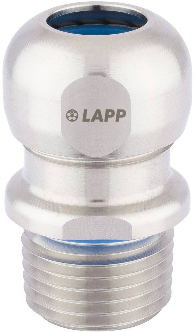 Eine Kabelverschraubung aus Edelstahl mit dem 'LAPP' Logo, ausgestattet mit einer Gewindebase und abgerundeter Oberseite, entwickelt für einen sicheren Kabeleintritt.