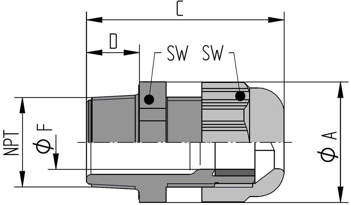 Technische Zeichnung eines Rohranschlusses; Abmessungen beschriftet: C, D, A, F; enthält SW-Anmerkungen; NPT-Gewinde auf der linken Seite markiert.
