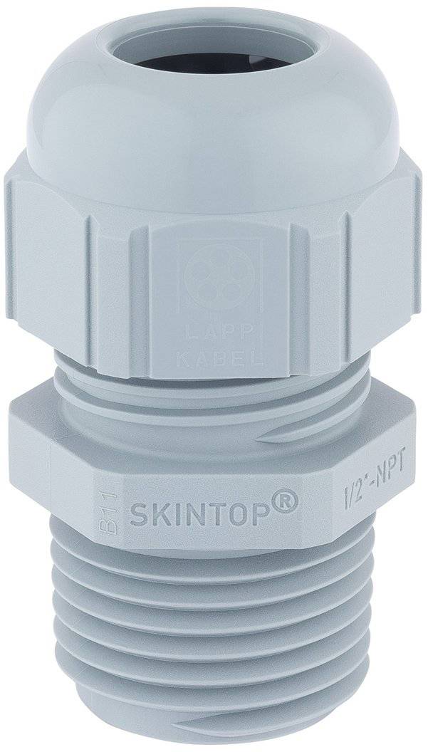 Eine graue Kabelverschraubung mit der Bezeichnung 'SKINTOP 1/2-NPT', die zur Befestigung von Kabeln konzipiert ist und eine Gewindebasis sowie einen gerippten Körper zur Verbesserung des Halts aufweist.