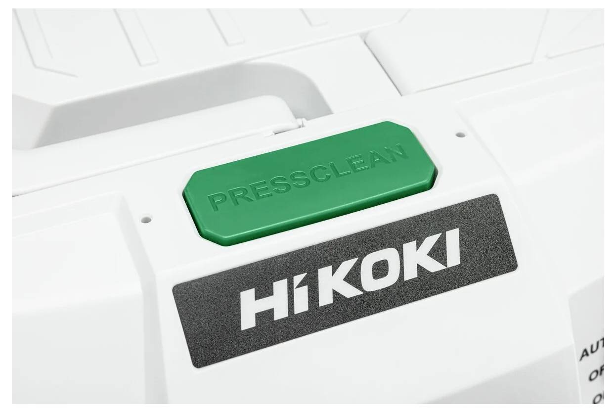 Ein weißes Gerät mit einem grünen Knopf, der mit 'PRESSCLEAN' beschriftet ist, und einem schwarzen 'HiKOKI' Logo auf der Vorderseite.