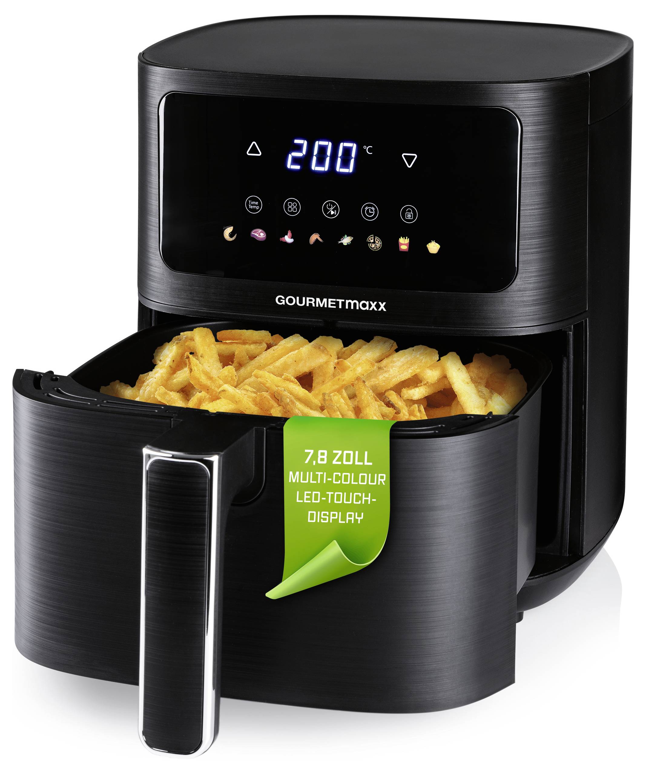 Schwarzer Heißluftfritteur mit digitalem Display, das auf 200°C eingestellt ist. Pommes sind in der Schublade sichtbar. Etikett liest: 7,8 ZOLL MULTI-COLOUR LED-TOUCH-DISPLAY.