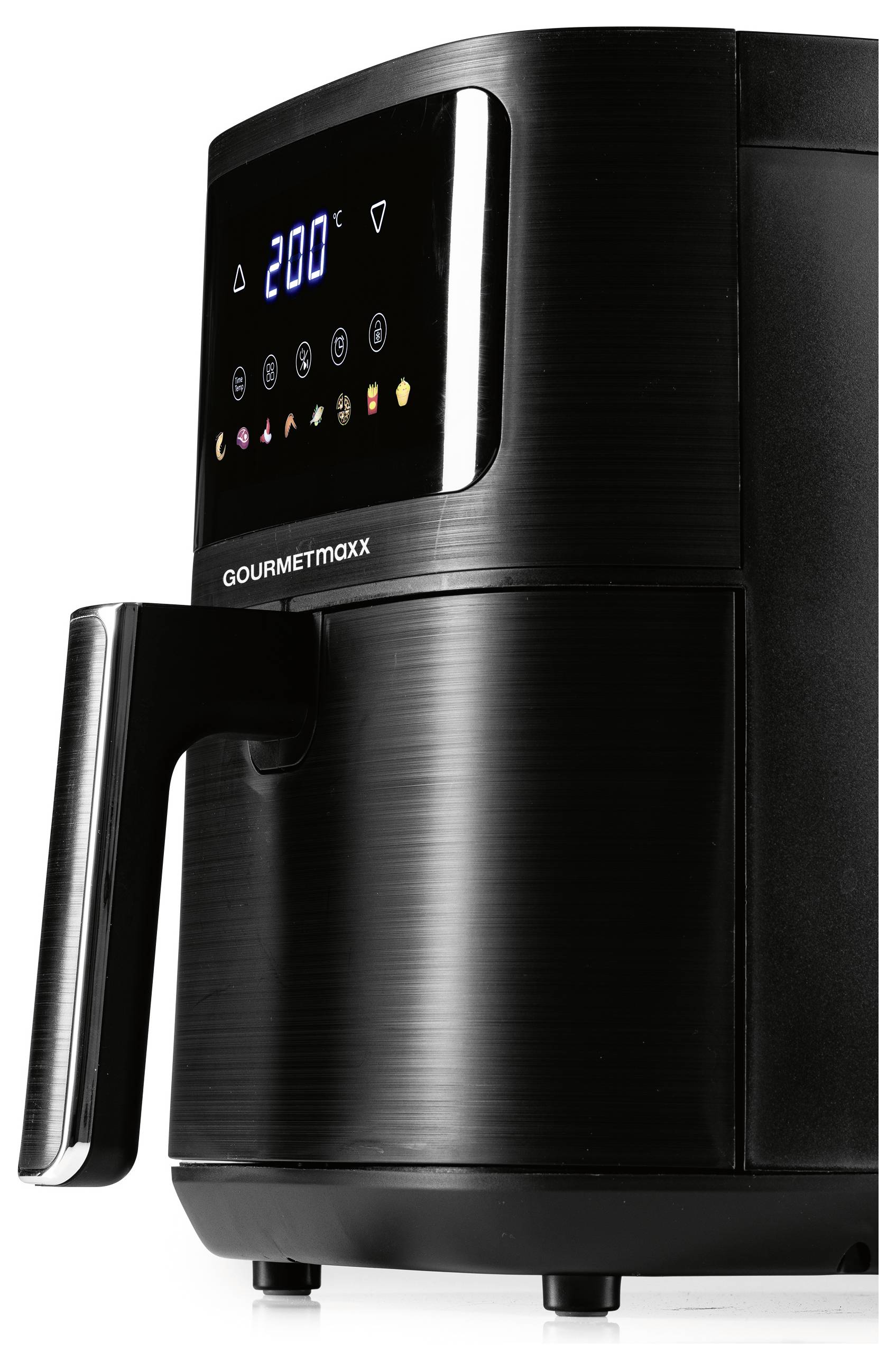 Ein schwarzer Heißluftfritteuse mit einer digitalen Anzeige, die '200' zeigt. Der Griff ist hervorgehoben, und das Bedienfeld verfügt über mehrere Kochsymbole.