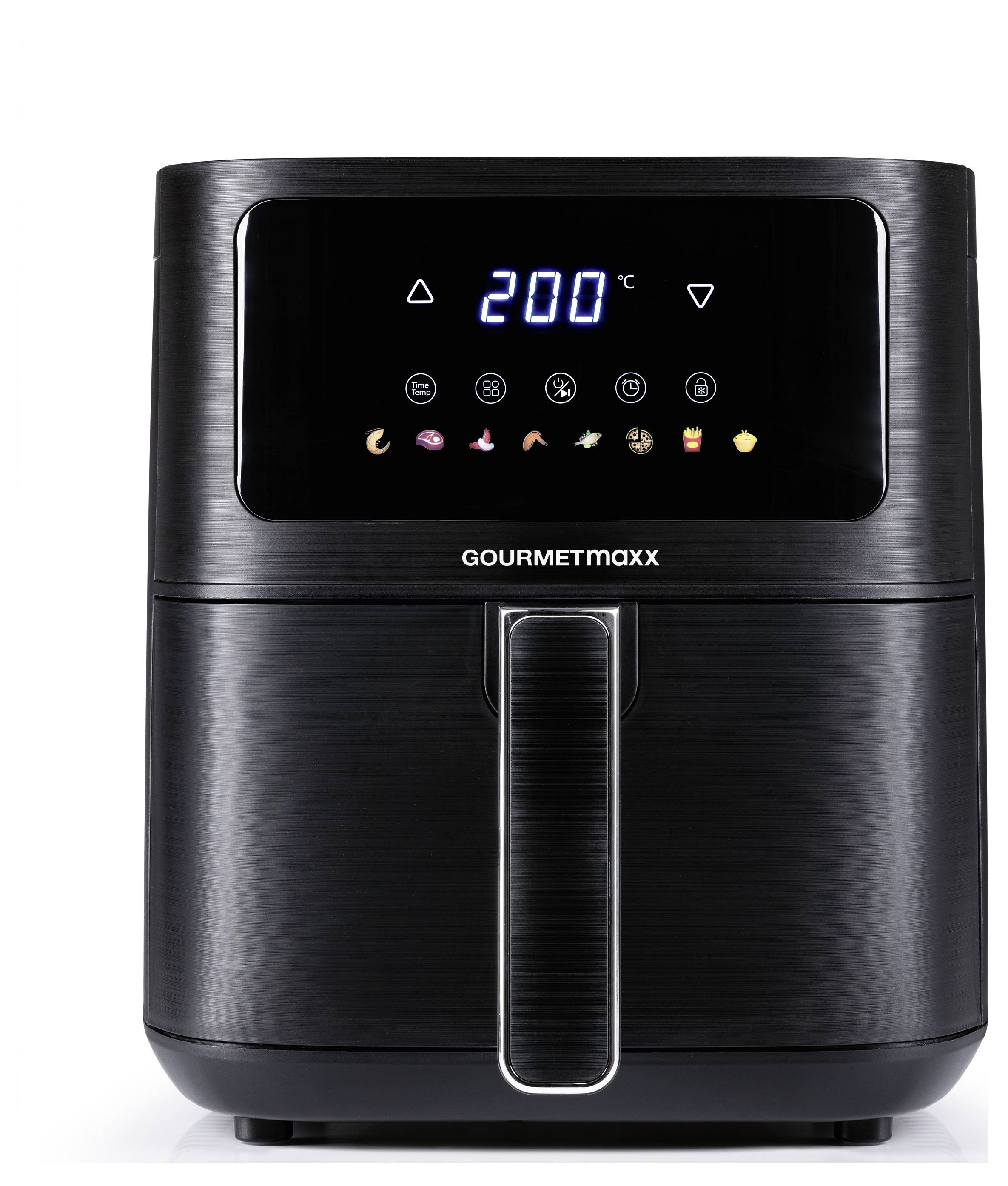 Ein schwarzer Heißluftfritteur mit digitaler Anzeige zeigt '200°C'. Die Tasten zeigen verschiedene Kochprogramme für unterschiedliche Lebensmittel. Markenname 'Gourmetmaxx'.