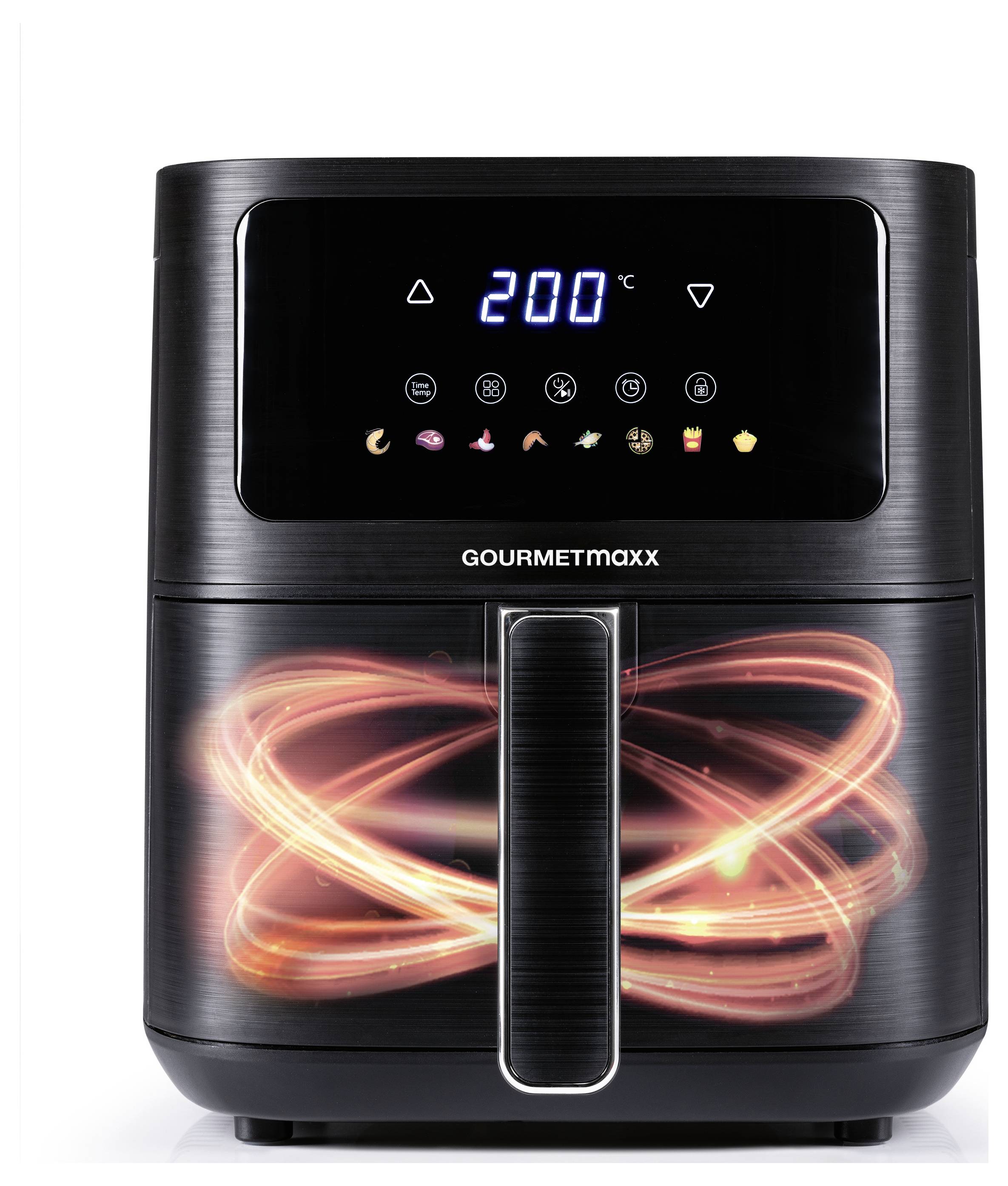 'Gourmet Maxx' Heißluftfritteuse mit 200°C auf dem digitalen Display und Symbolen für verschiedene Kochmodi, mit einem leuchtenden Spiralmuster im Hintergrund.