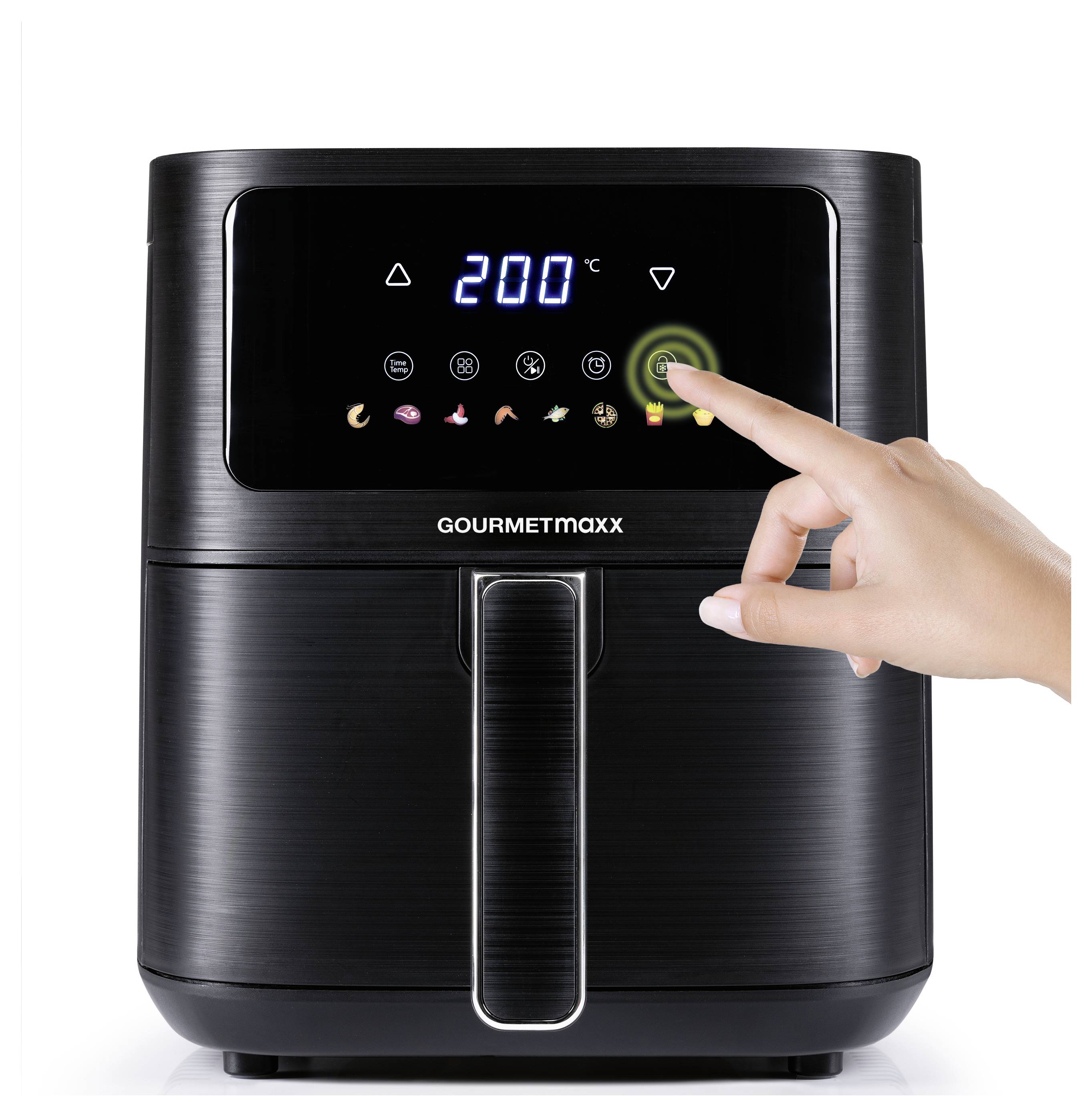 Eine Hand stellt die Temperatur auf 200°C an einer digitalen Heißluftfritteuse mit elegantem schwarzem Design ein. Verschiedene Kochsymbole sind auf dem Display sichtbar.