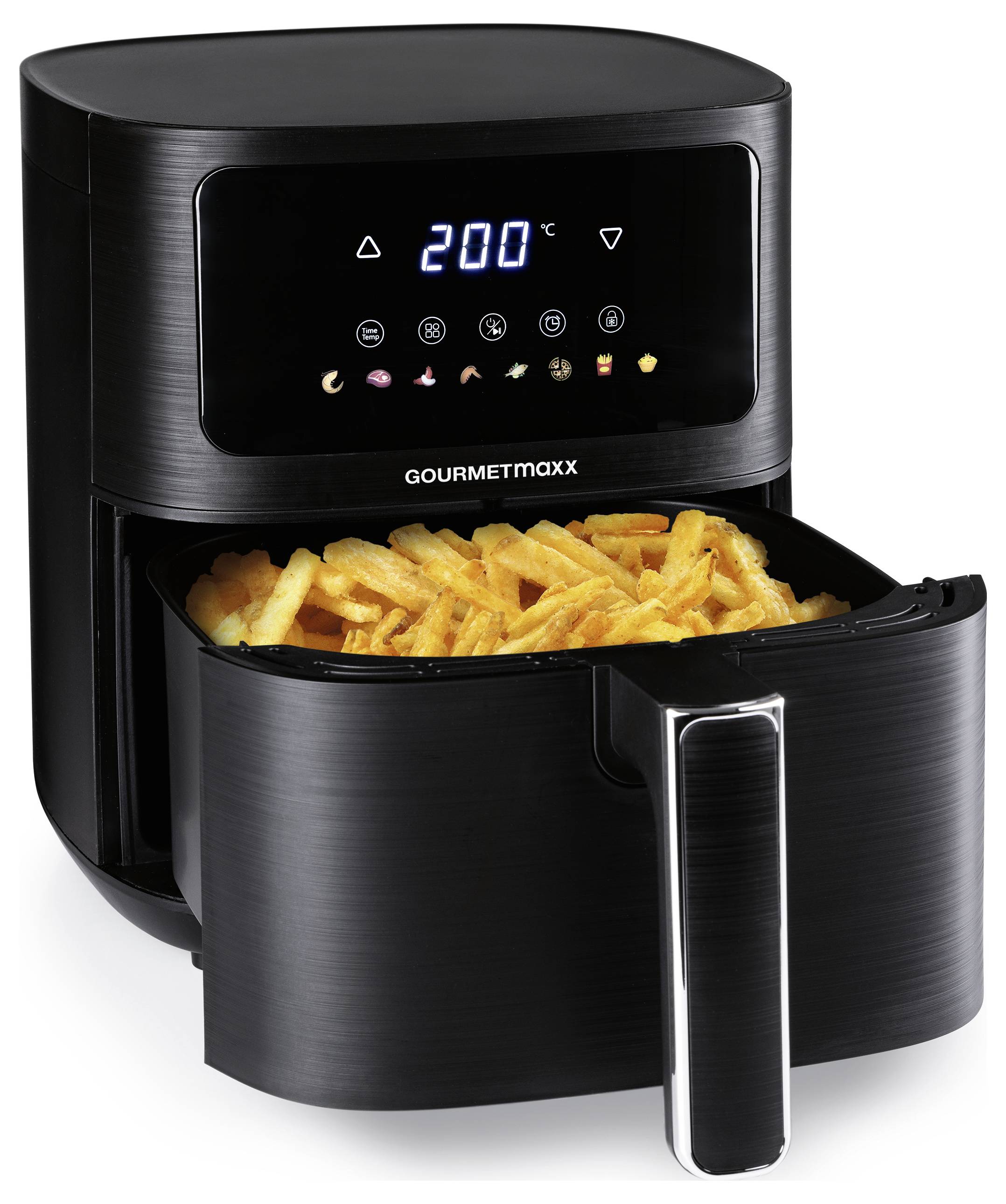 Ein schwarzer Heißluftfritteur mit beleuchtetem digitalen Display, das '200°C' anzeigt, gefüllt mit frittierten Pommes. Die Marke lautet 'GOURMETmaxx'.