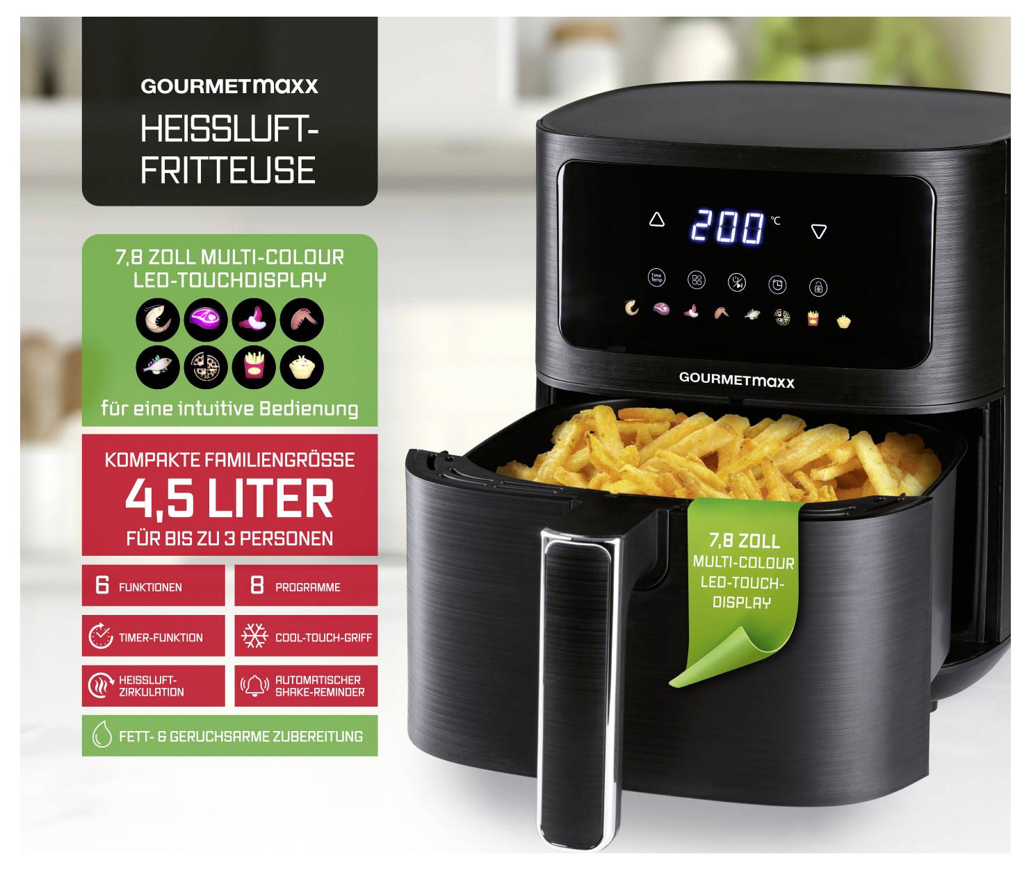 Heißluftfritteuse mit Pommes, digitales Display zeigt '200°C'. Verschiedene Funktionen hervorgehoben: 4,5 Liter Fassungsvermögen, 6 Funktionen, LED-Touchdisplay. Für 2-3 Personen.