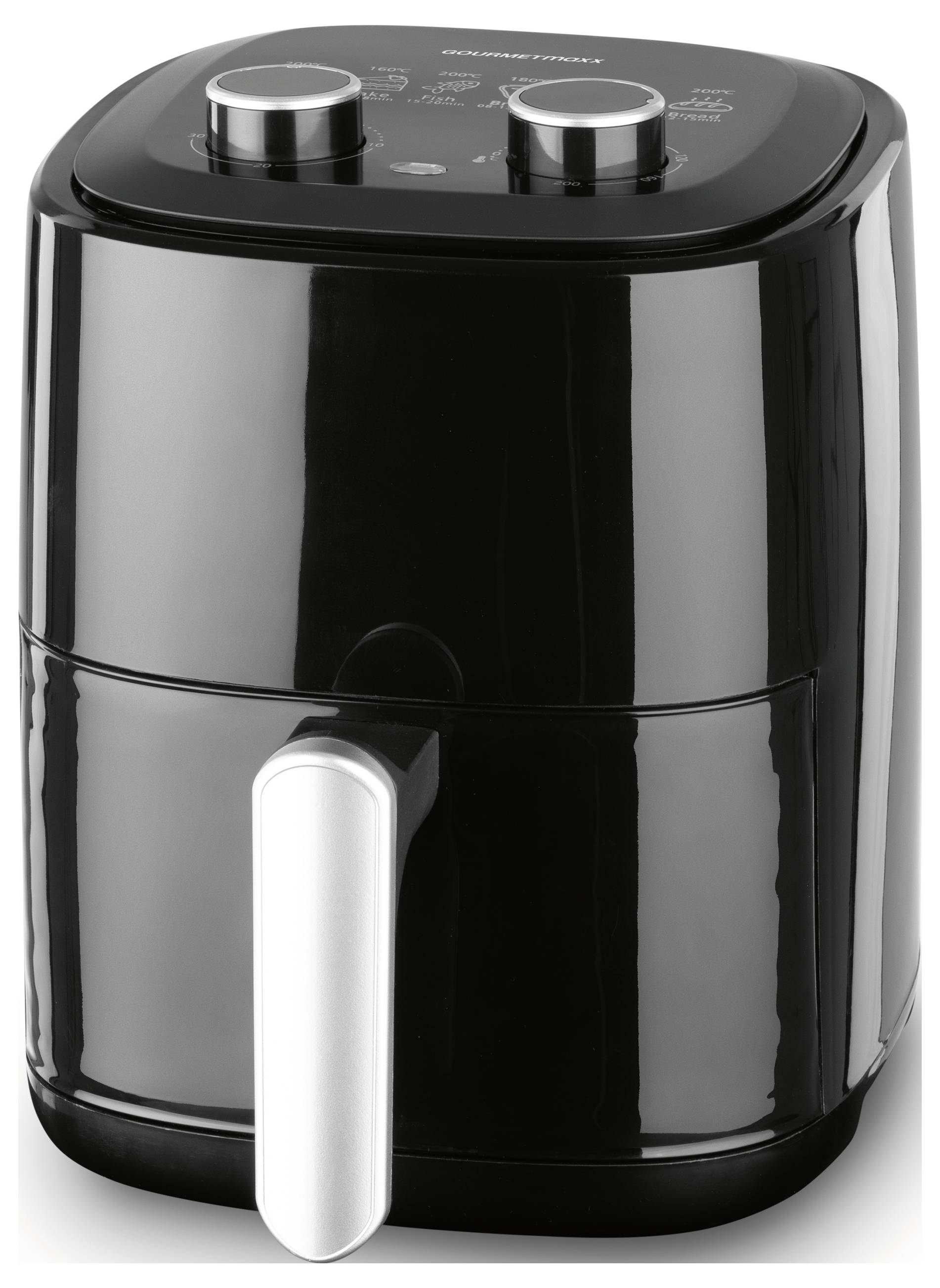 Ein schwarzer Heißluftfritteuse mit silbernem Griff, ausgestattet mit zwei Einstellrädchen oben für Temperatur- und Zeiteinstellungen.