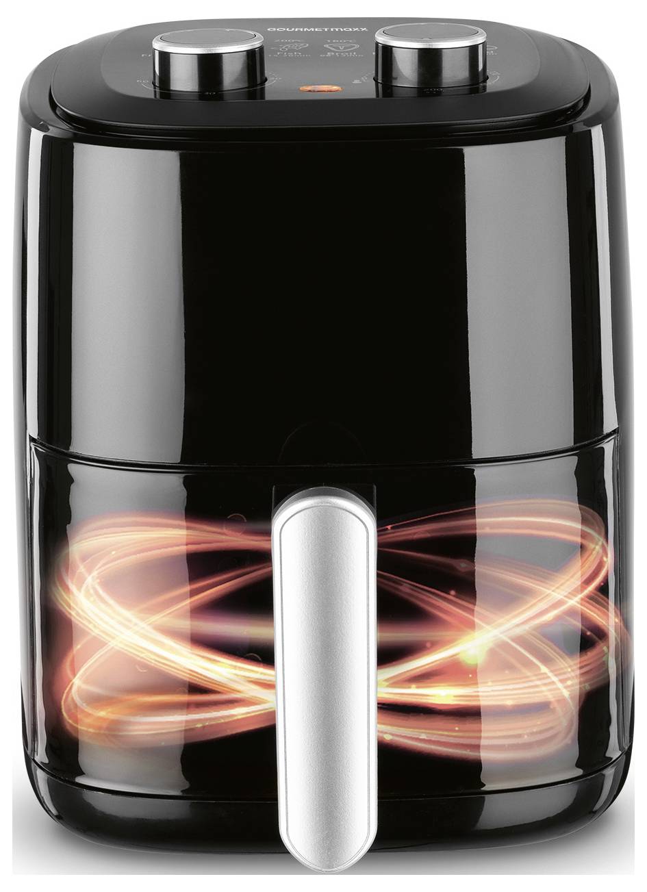 Ein schwarzer Heißluftfritteuse mit zwei Bedienknöpfen oben und einem Griff. Orange Lichtwirbel im Inneren deuten auf Koch- oder Heizfunktionalität hin.