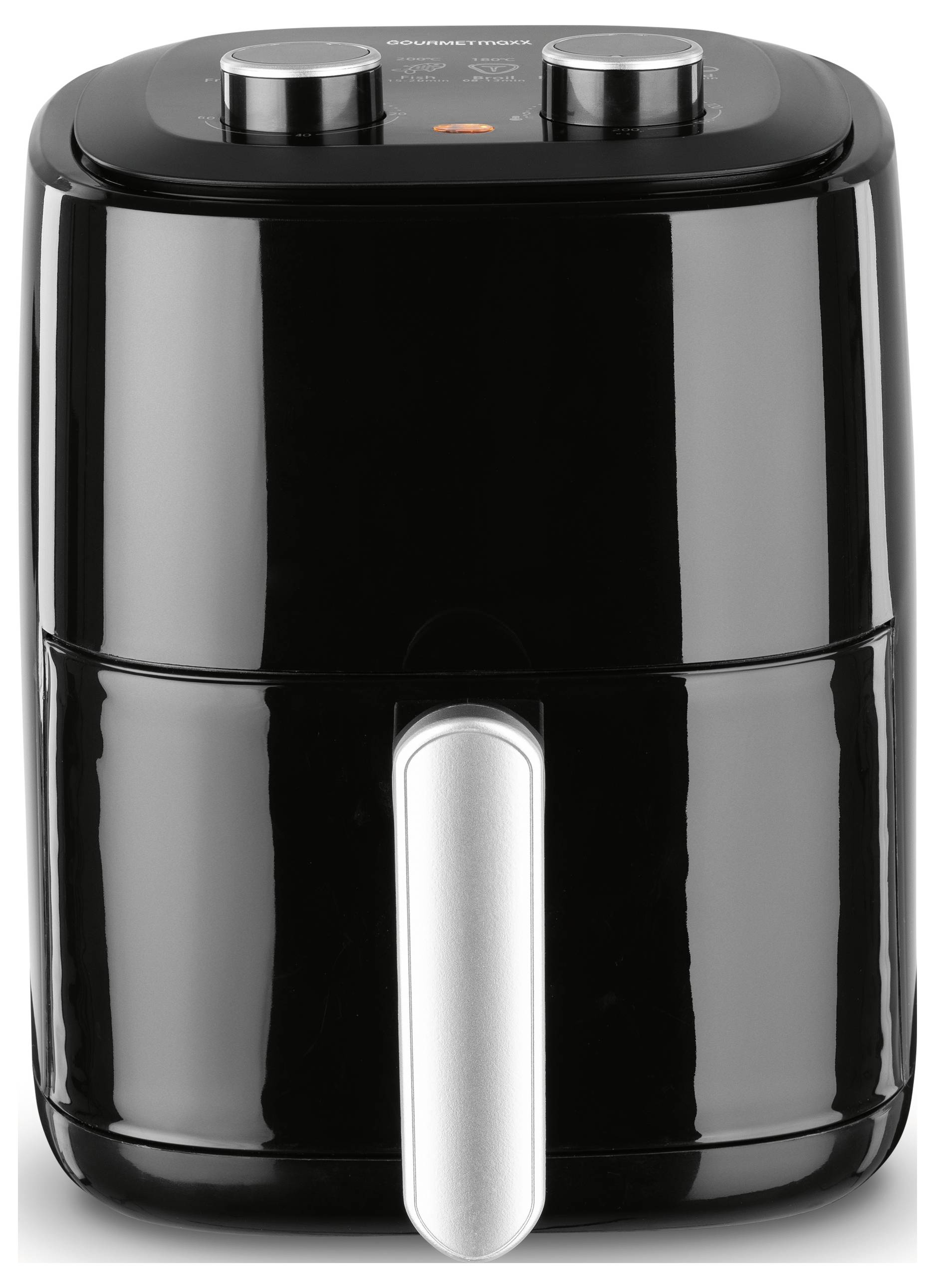 Ein schwarzer Heißluftfritteuse mit silbernem Griff, ausgestattet mit zwei Einstellrädchen oben für Temperatur- und Zeiteinstellungen.