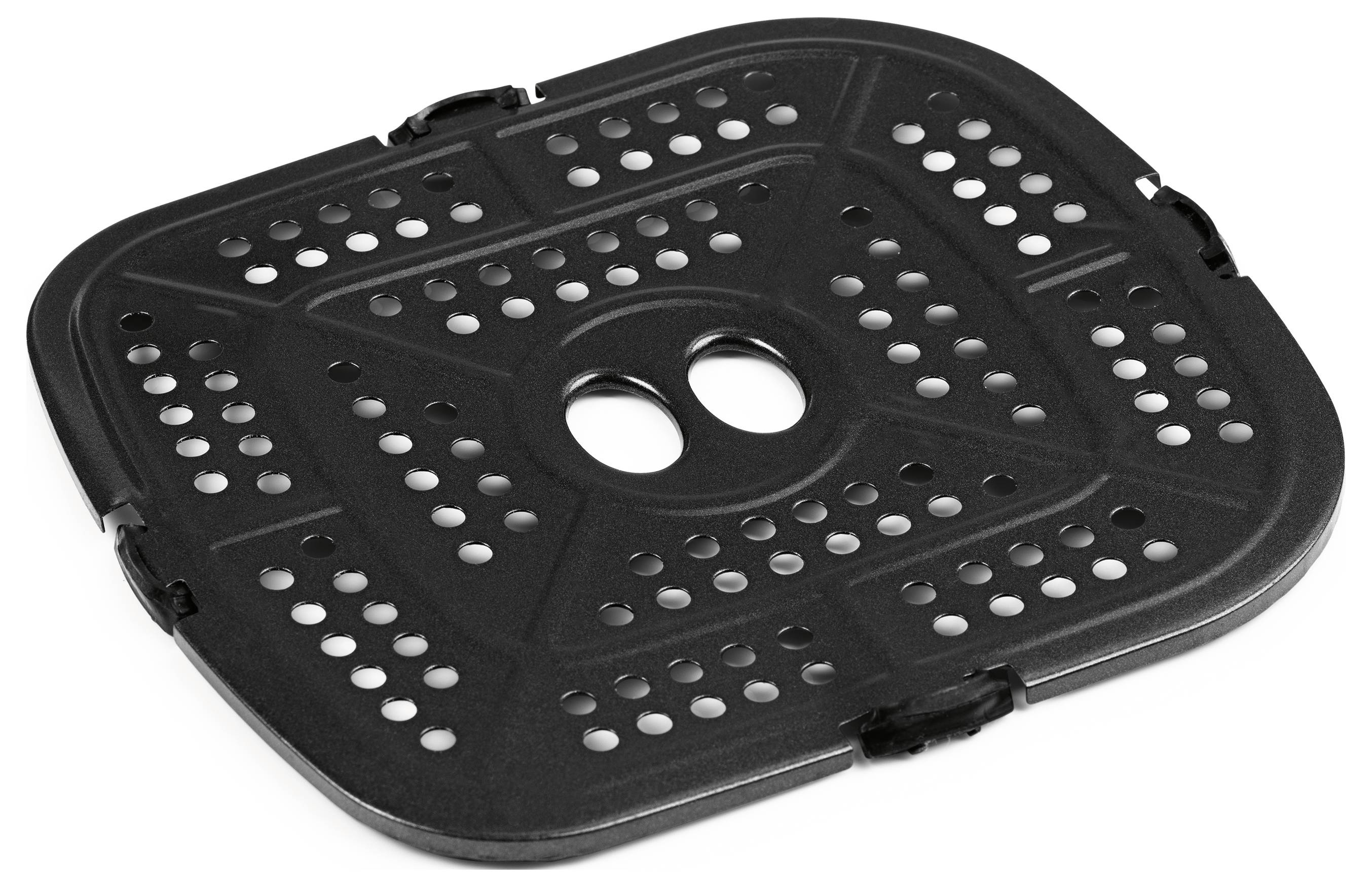 Ein schwarzer Kunststoffstuhlsitz mit mehreren kreisförmigen Löchern zur Belüftung und zwei größeren ovalen Löchern in der Mitte.