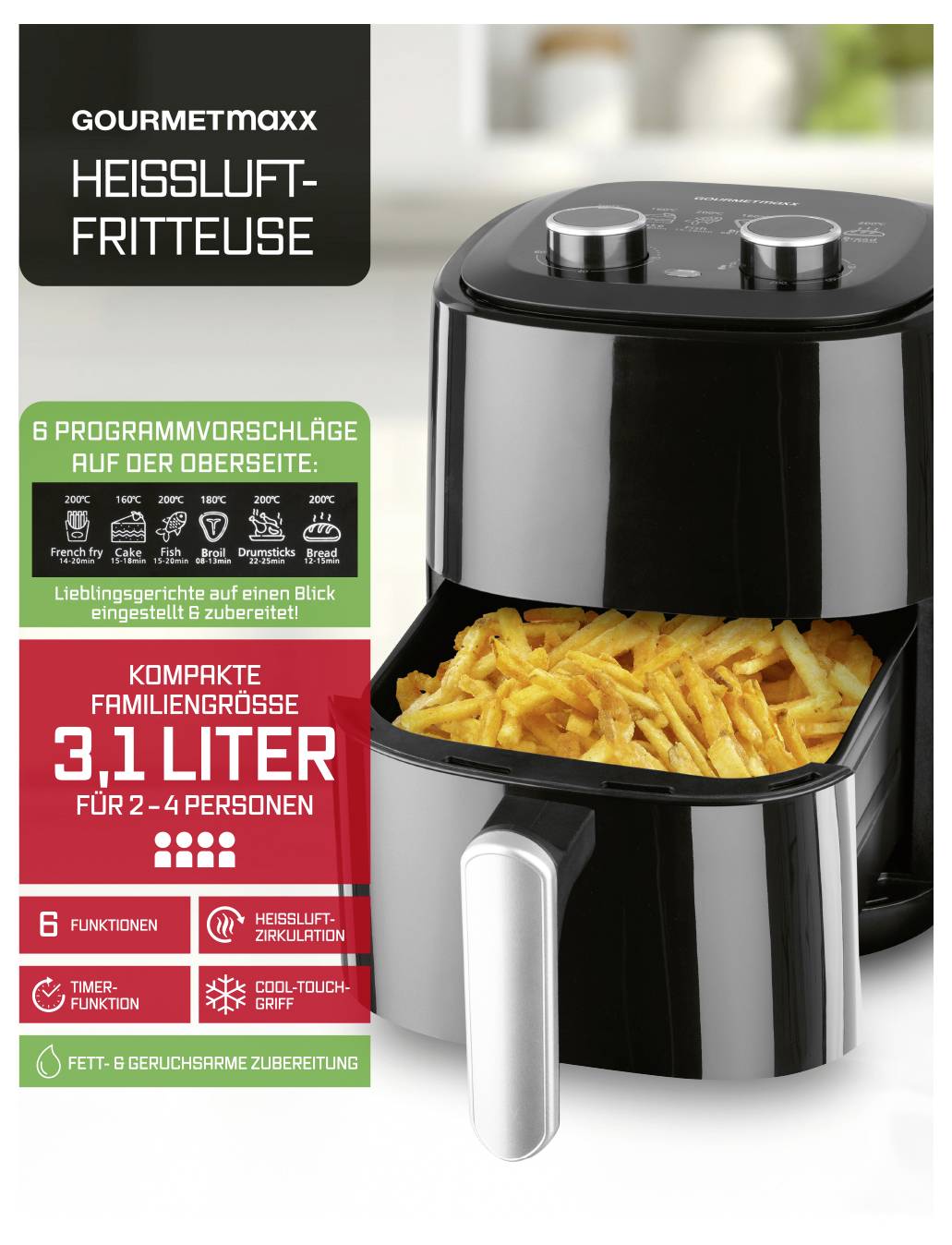 Ein Heißluftfritteur mit Pommes darin, mit '6 Programm-Vorschlägen' und einer '3,1 Liter' Kapazität, geeignet für '2-4 Personen.'