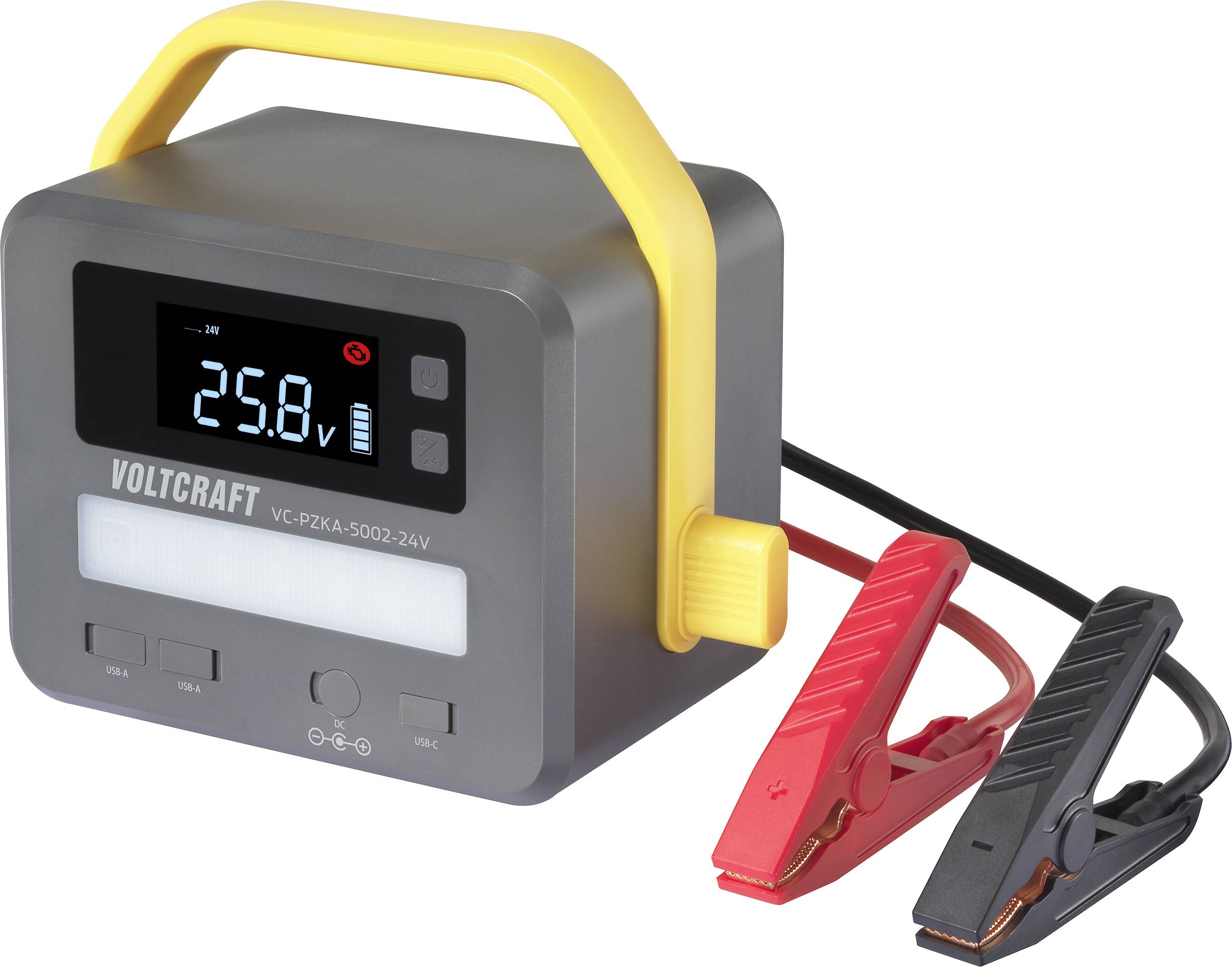 Ein grauer Batterieladegerät mit digitaler Anzeige, die 