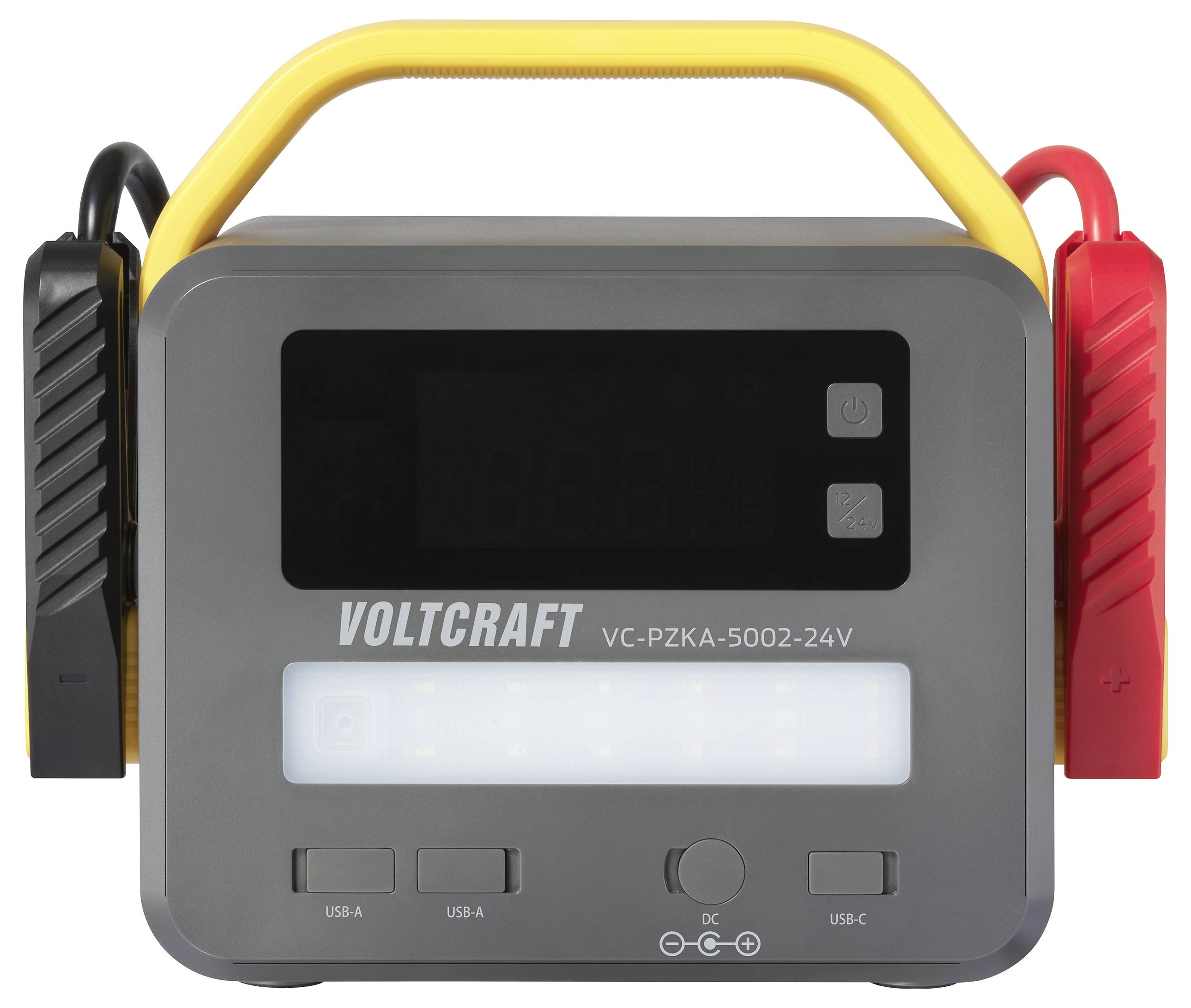 Ein tragbares Batteriladegerät mit digitaler Anzeige, gekennzeichnet mit „VOLTCRAFT VC-PZKA-5002-24V