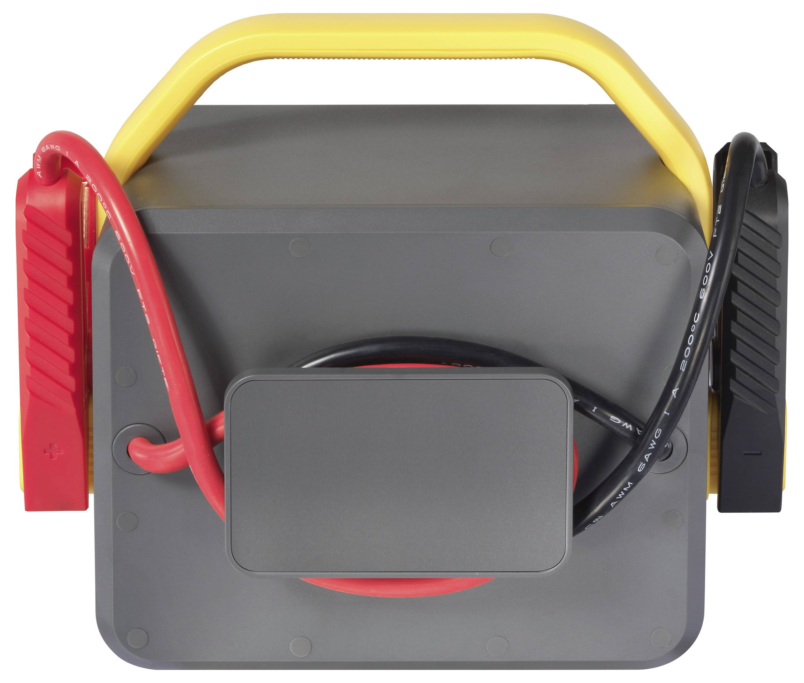 Ein tragbarer Starthilfegerät mit roten und schwarzen Kabeln, die daran befestigt sind, mit einem gelben Griff, verwendet zum Notfall-Laden von Autobatterien.
