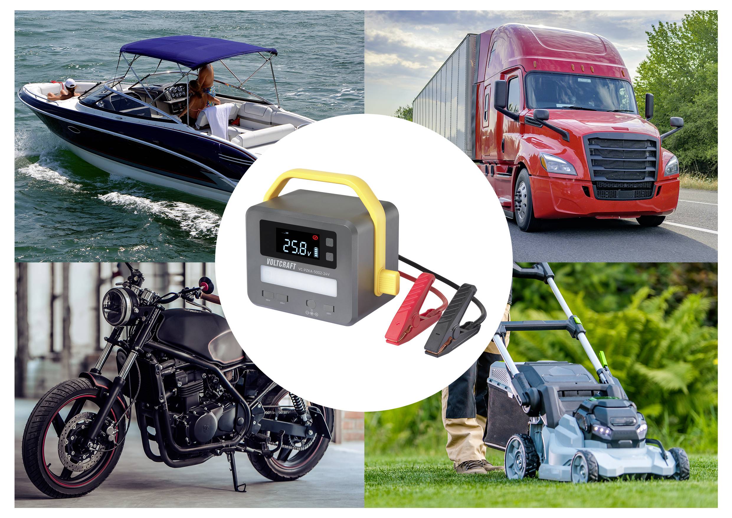 Collage aus einem Boot, einem roten Lastkraftwagen, einem schwarzen Motorrad und einem Rasenmäher, die einen tragbaren Batterieladegerät mit digitaler Anzeige umgeben, die „25,8