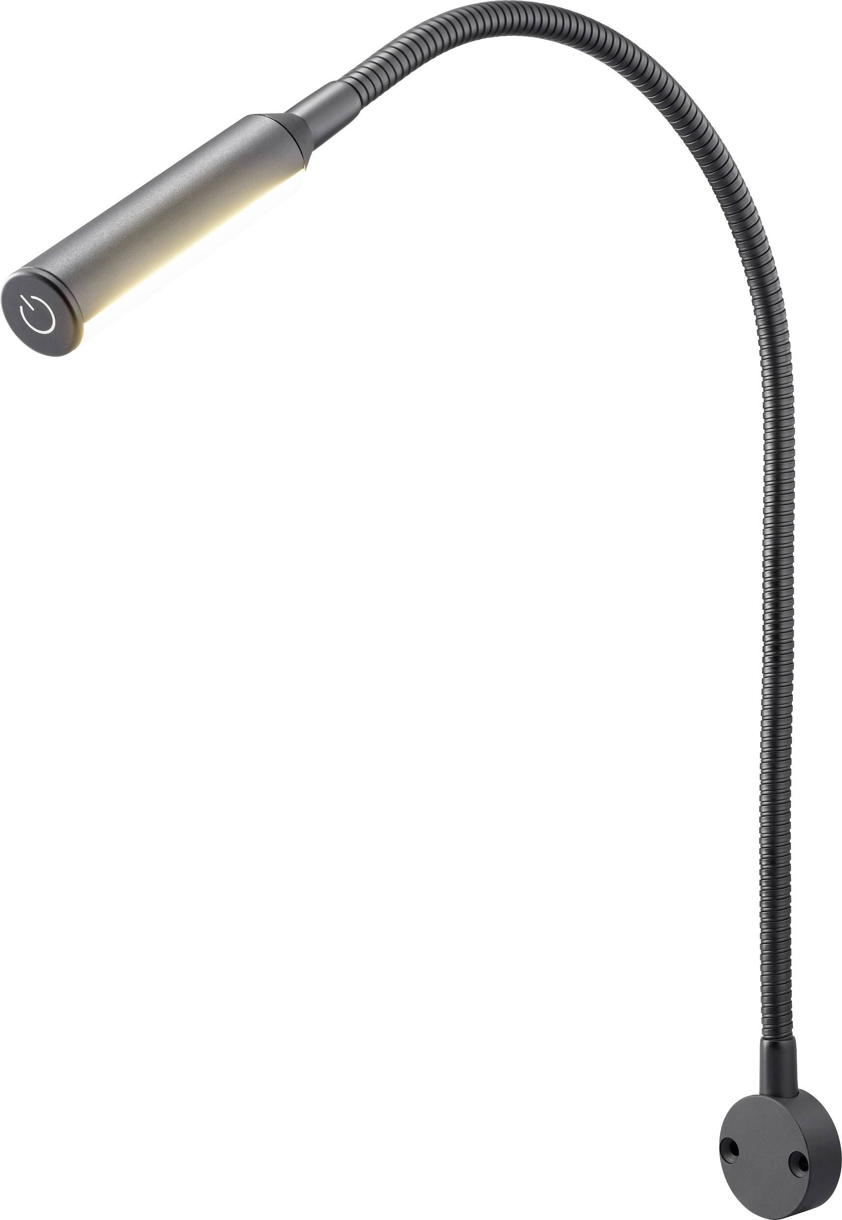 Flexible Leselampe mit Schwanenhals, rundem Sockel und berührungsempfindlichem Schalter am Lampenkopf.