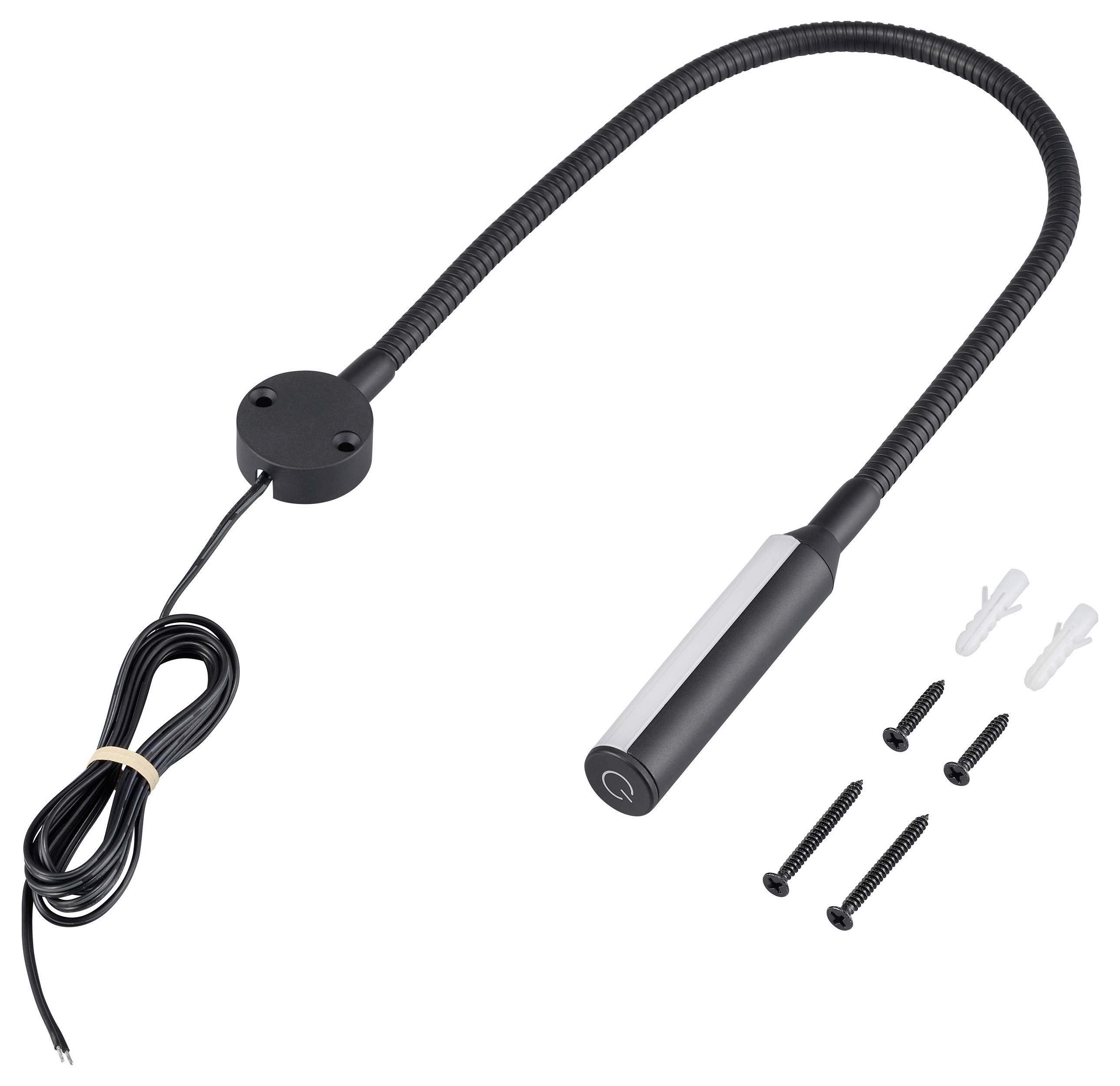 Ein schwarzes flexibles LED-Lesenlicht mit Netztaste, langem Stromkabel und vier Schrauben mit Wanddübeln zur Montage.