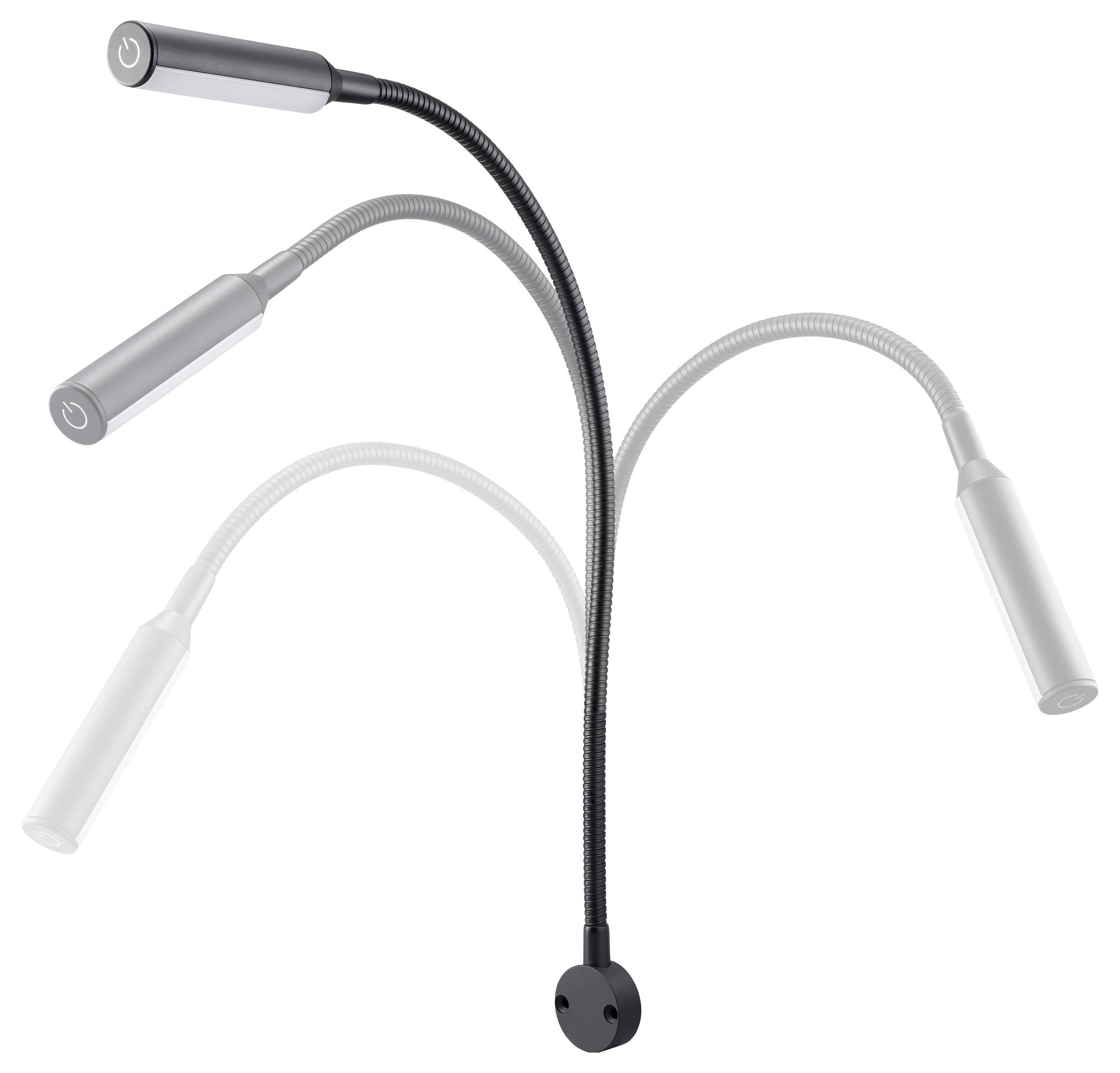 Flexible Schwanenhalsleuchte mit drei Positionen, zeigt verstellbaren Winkel für individuelle Beleuchtung.