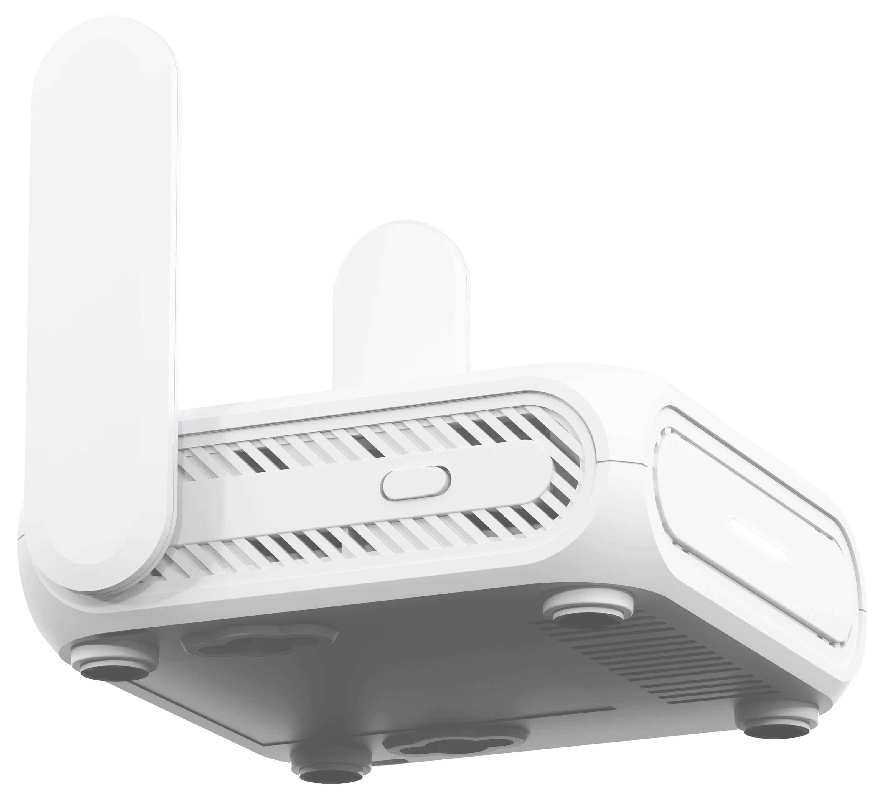 Ein weißer WLAN-Router mit zwei Antennen, für den Einsatz zu Hause oder im Büro, von unten betrachtet.
