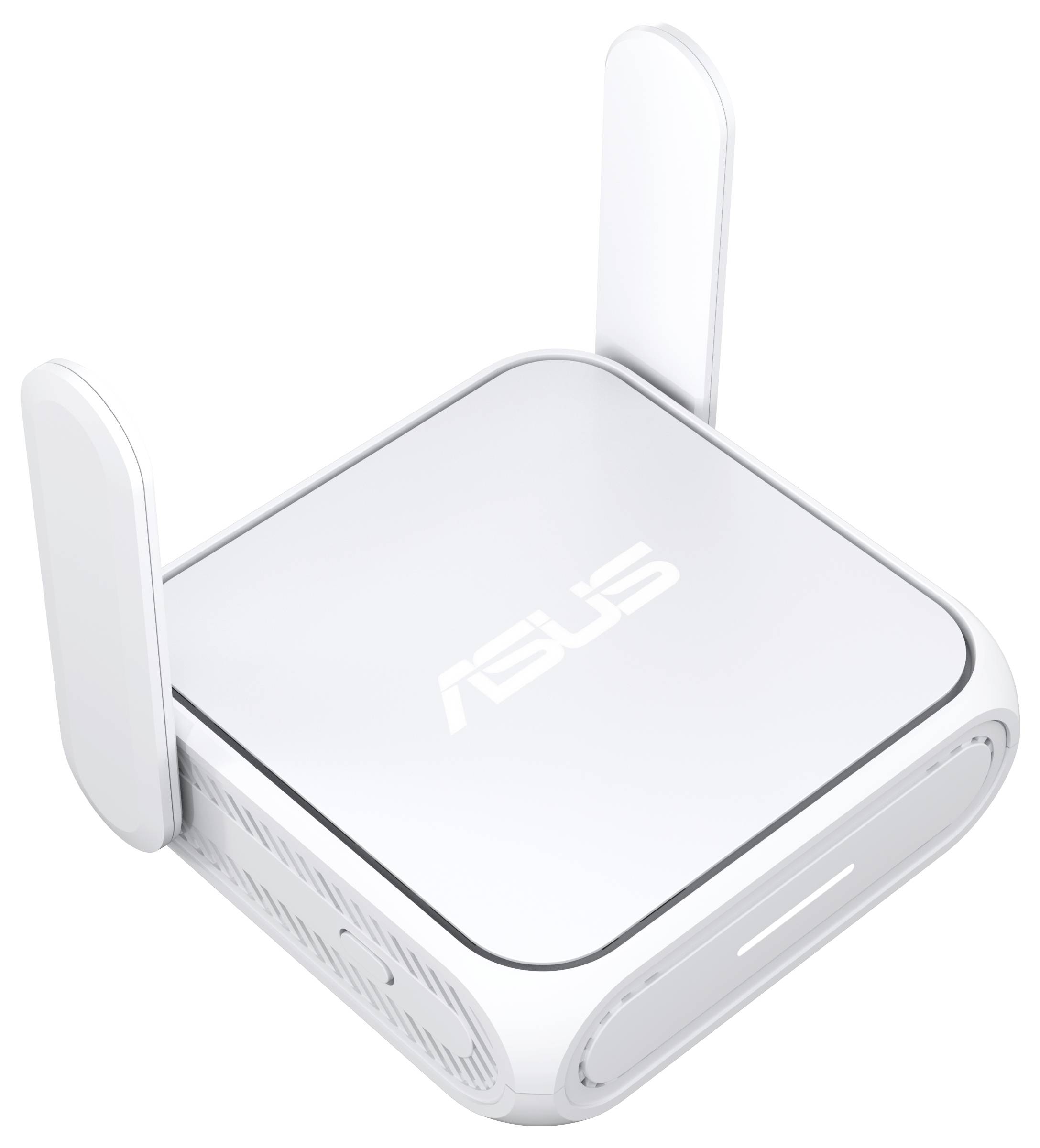 Ein kleiner, weißer ASUS-WLAN-Router mit zwei senkrecht stehenden Antennen, konzipiert zur Verbesserung der Internetverbindung in Häusern oder Büros.