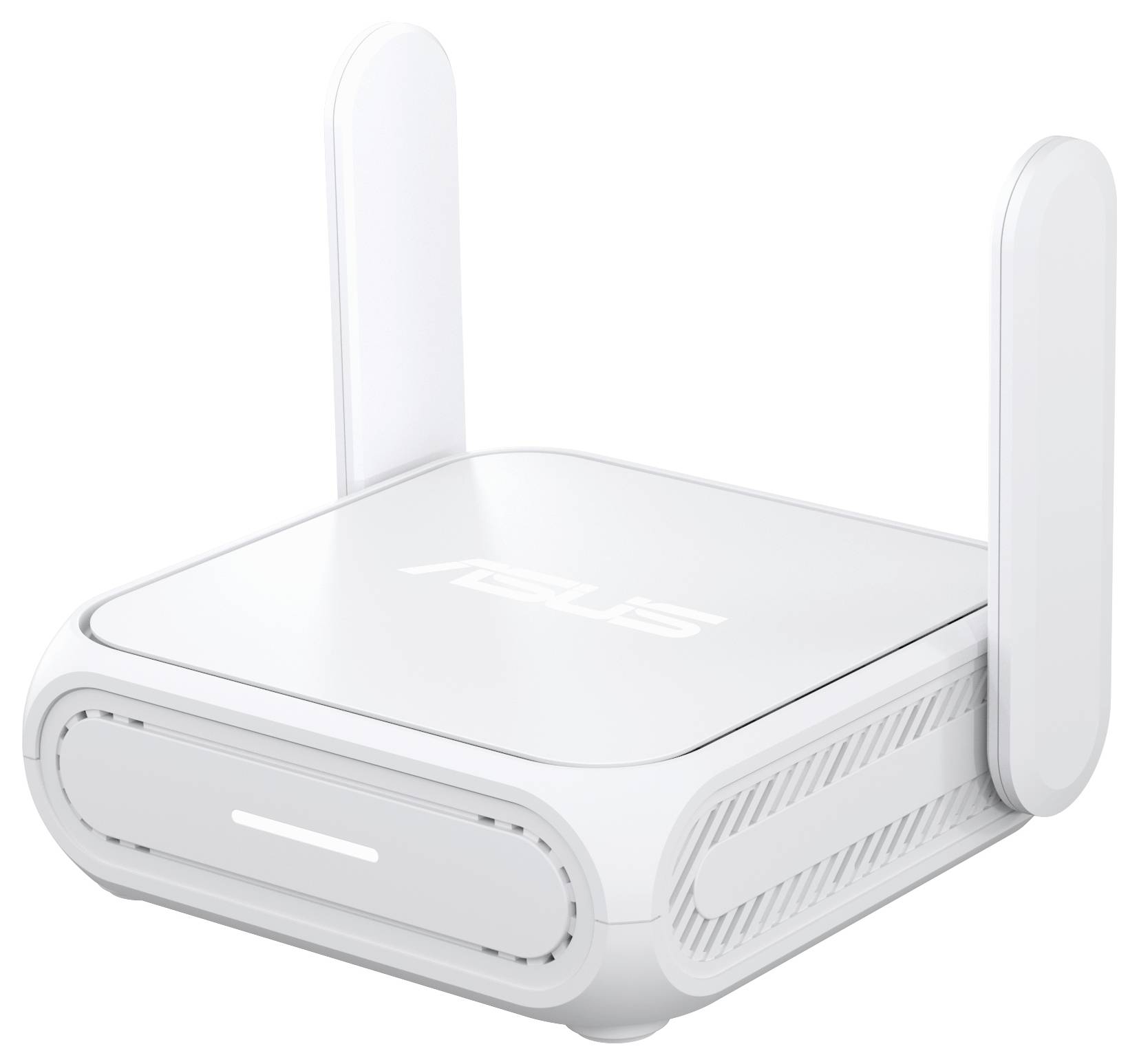 Ein weißer ASUS-Router mit zwei Antennen, der durch ein schlankes Design und einen sichtbaren LED-Indikator auf der Vorderseite besticht und sich hervorragend für die WLAN-Nutzung zu Hause eignet.
