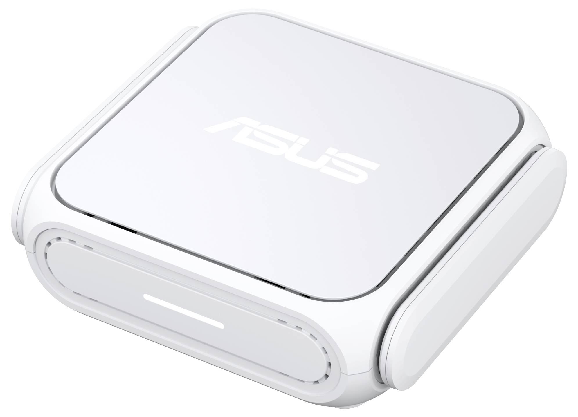 Ein schlankes, weißes ASUS-Gerät mit abgerundeten Kanten, höchstwahrscheinlich ein WLAN-Router oder Hub, auf dem das ASUS-Logo prominent an der Oberseite angebracht ist.