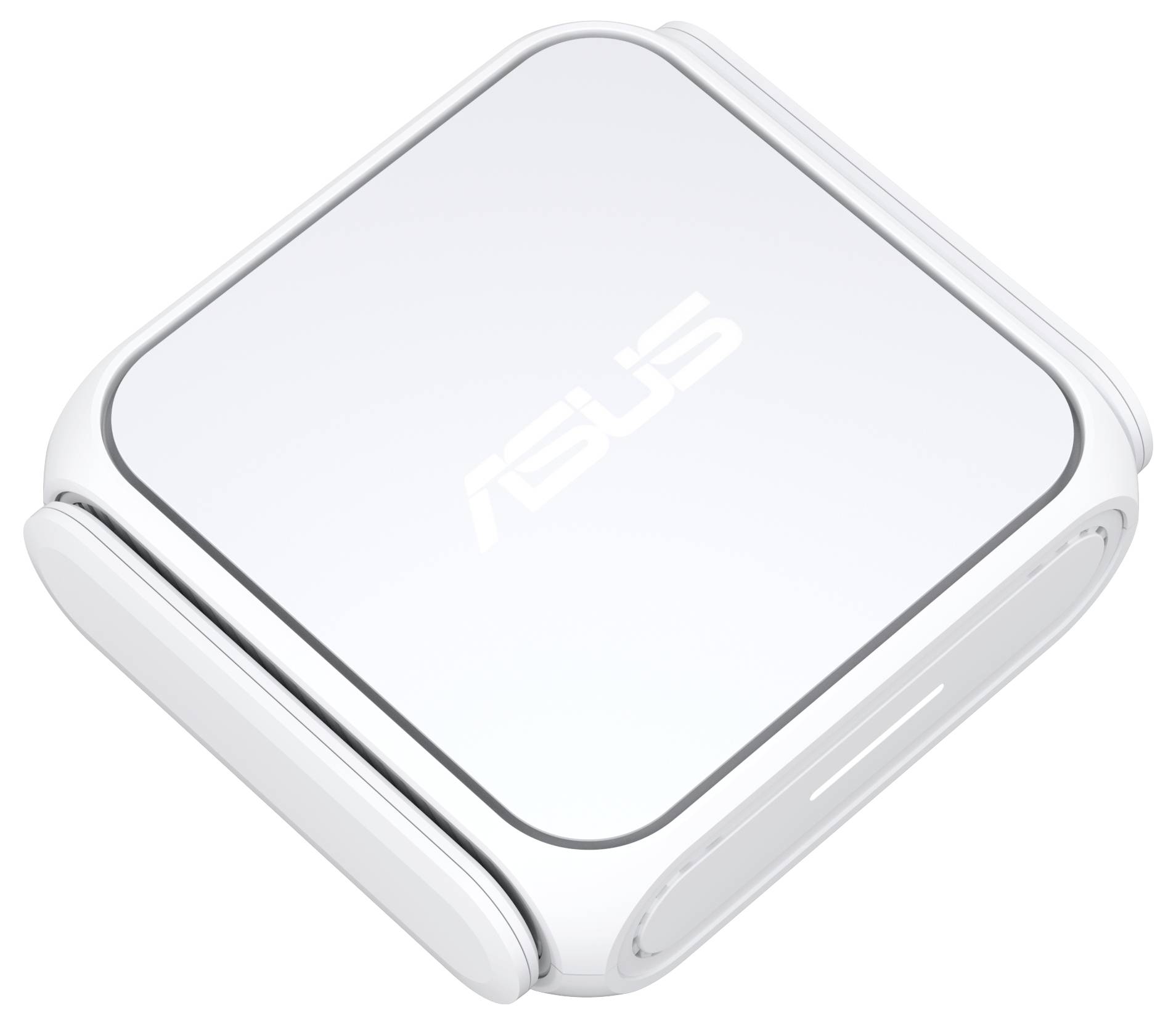Weißer ASUS WLAN-Router mit elegantem, kompaktem Design; ausgestattet mit abgerundeten Kanten und dem ASUS-Logo auf der Oberseite.