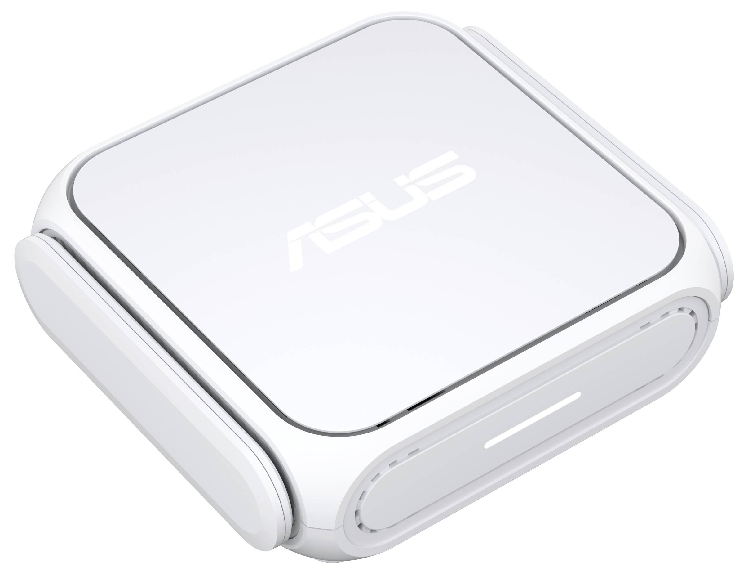 Ein weißer quadratischer Asus WLAN-Router mit abgerundeten Kanten, ausgestattet mit dezenten LED-Anzeigen an den Seiten, konzipiert für die Internetverbindung im Heimnetzwerk.