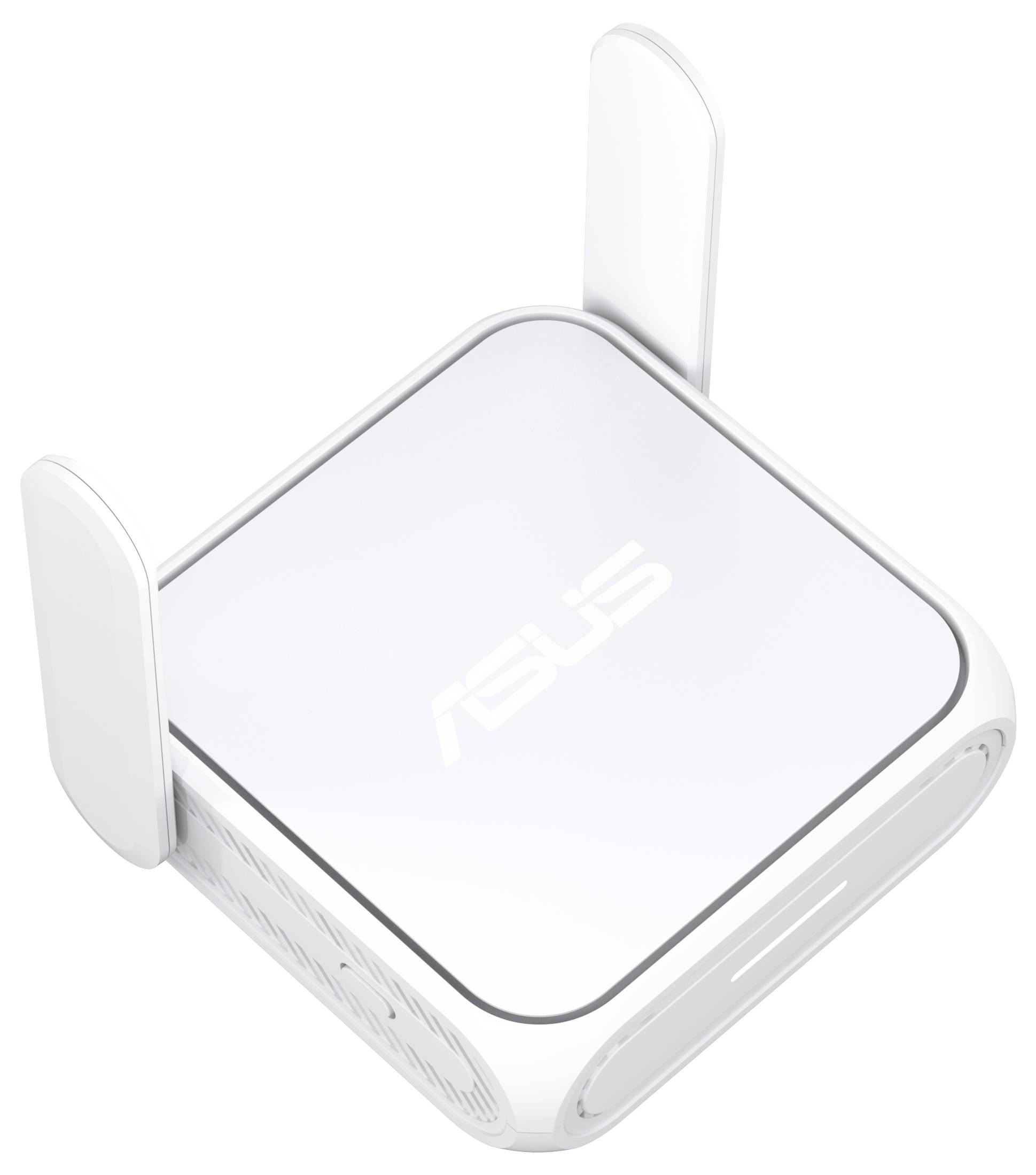 Ein weißer ASUS-Router mit eckigem Design und zwei Antennen, auf dem oben das ASUS-Logo angebracht ist.
