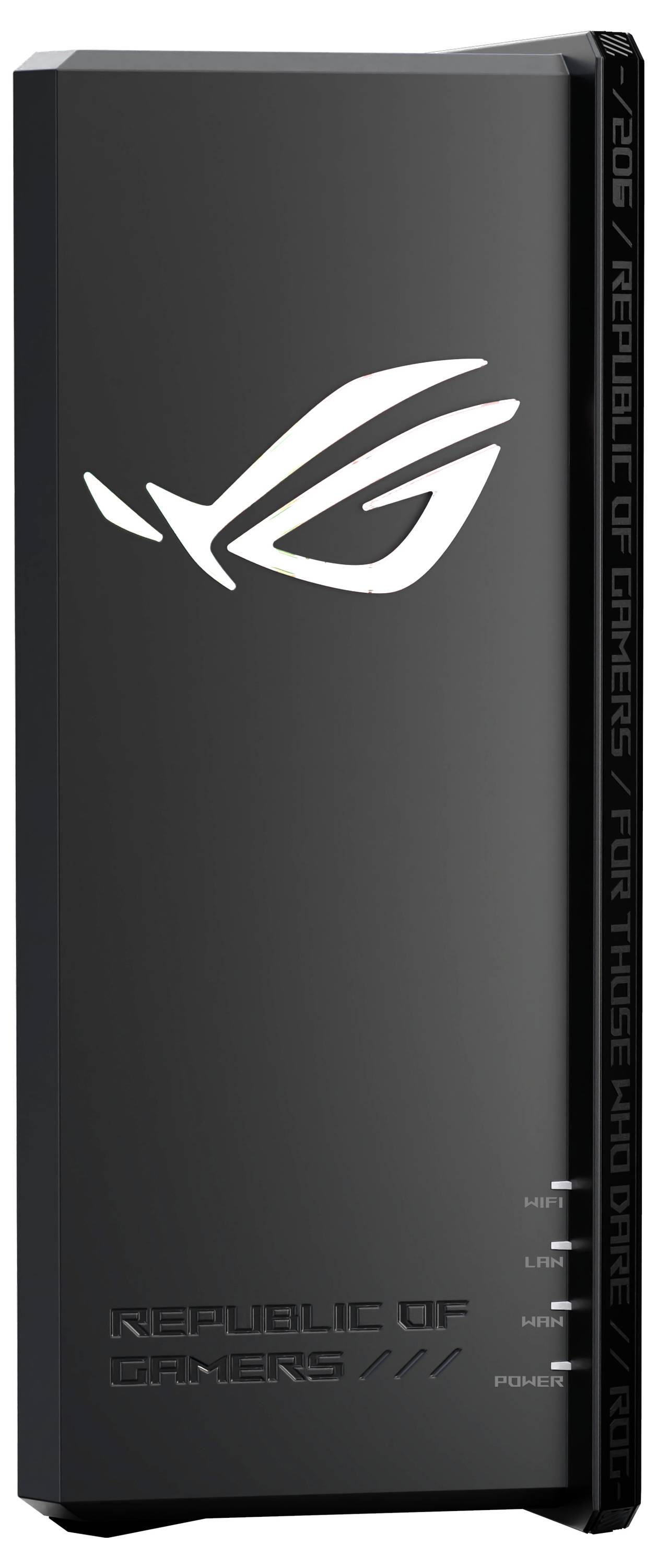 Schwarzer vertikaler ROG-Router mit Logo und LED-Anzeigen für WAN, LAN, 2,4 GHz und Stromversorgung. Text liest sich: 