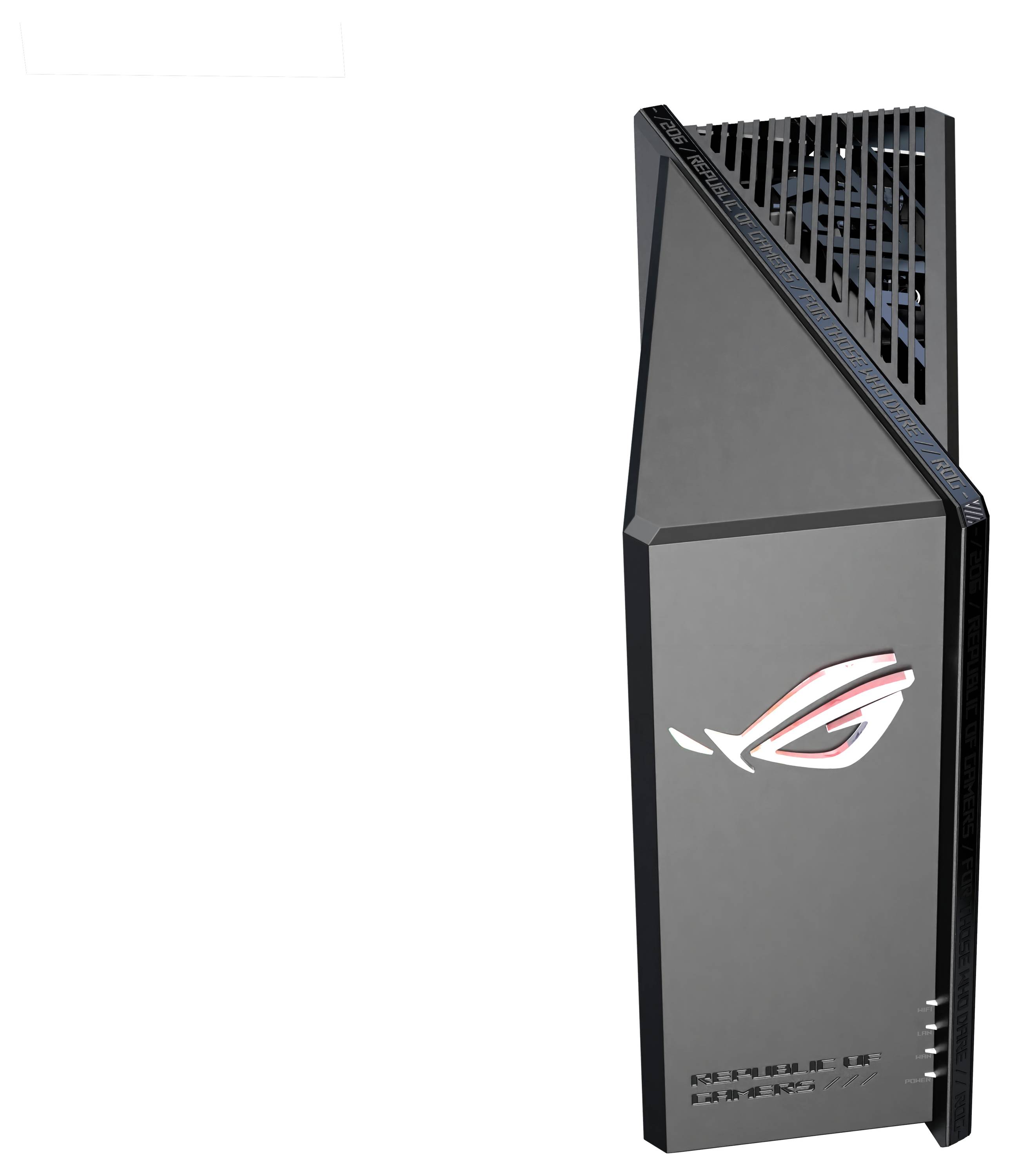 Ein hoher, schlanker schwarzer Gaming-Router mit dem in Weiß und Rot beleuchteten 'ROG' Logo. Das Design zeichnet sich durch scharfe Kanten und einen futuristischen Look aus.