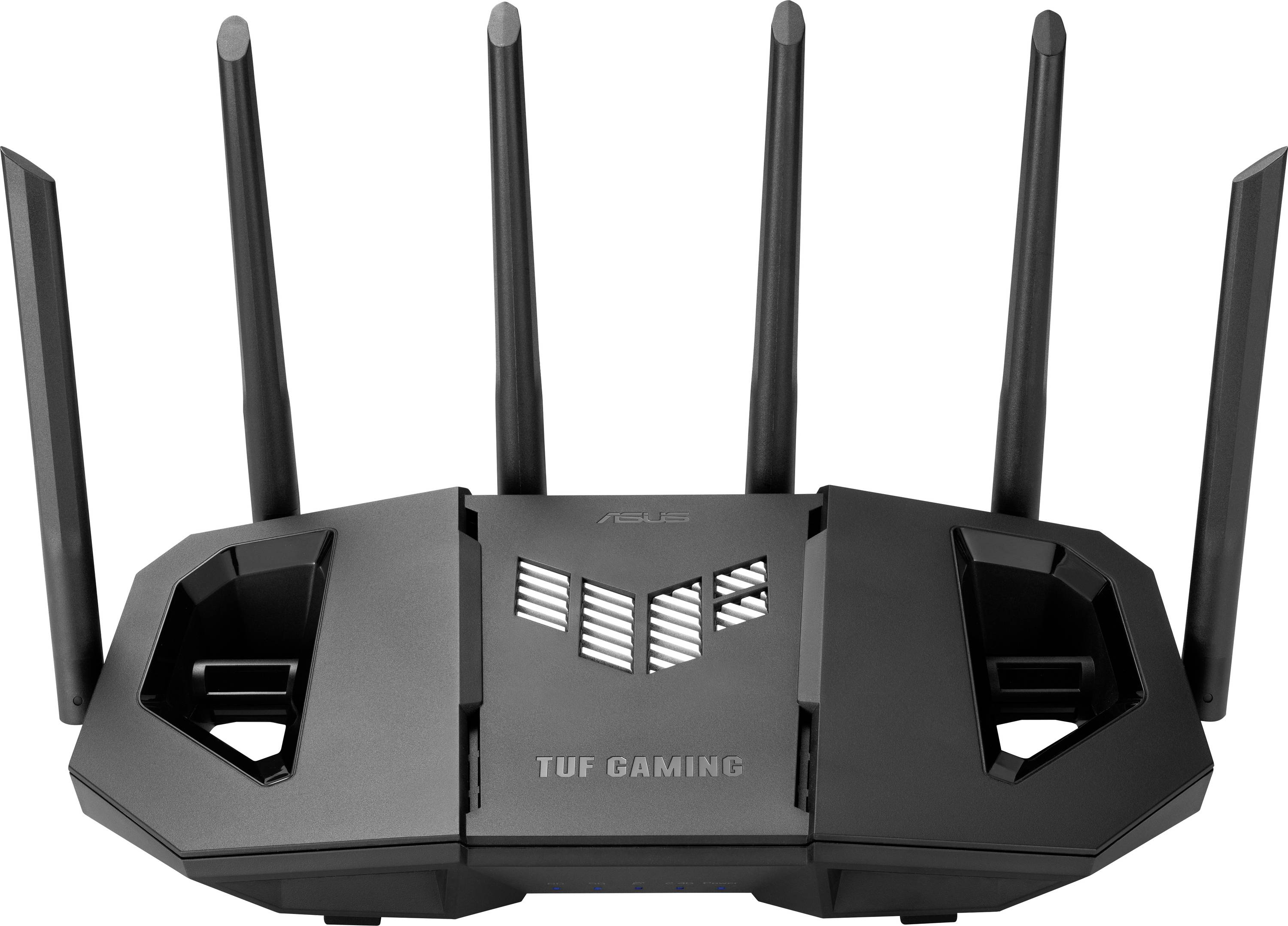 Ein schwarzer Gaming-Router mit sechs Antennen, mit der Bezeichnung 'TUF Gaming', entwickelt für verbesserte drahtlose Konnektivität und Leistung.