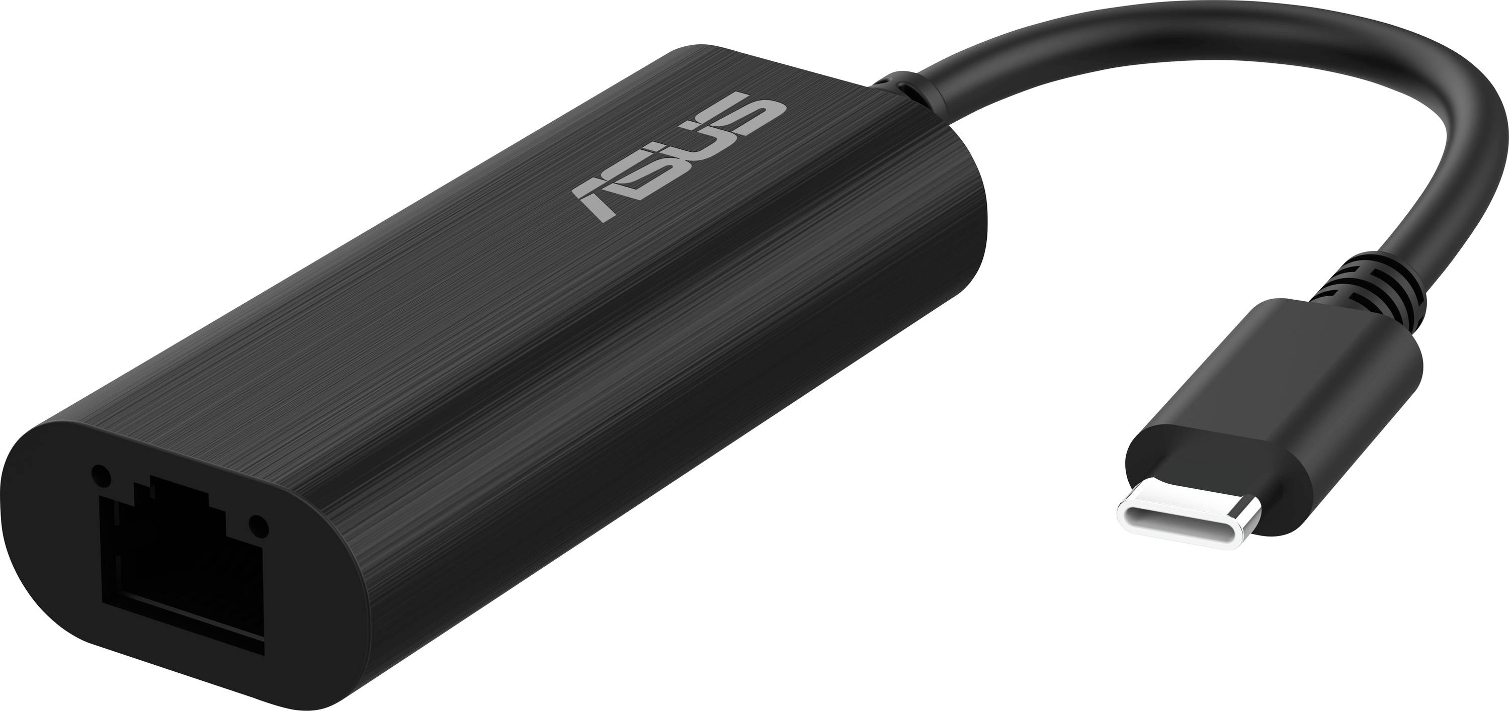 Ein schwarzer ASUS USB-C Ethernet-Adapter mit einem USB-C-Anschluss an einem Ende und einem Ethernet-Port am anderen Ende für Netzwerkverbindungen.
