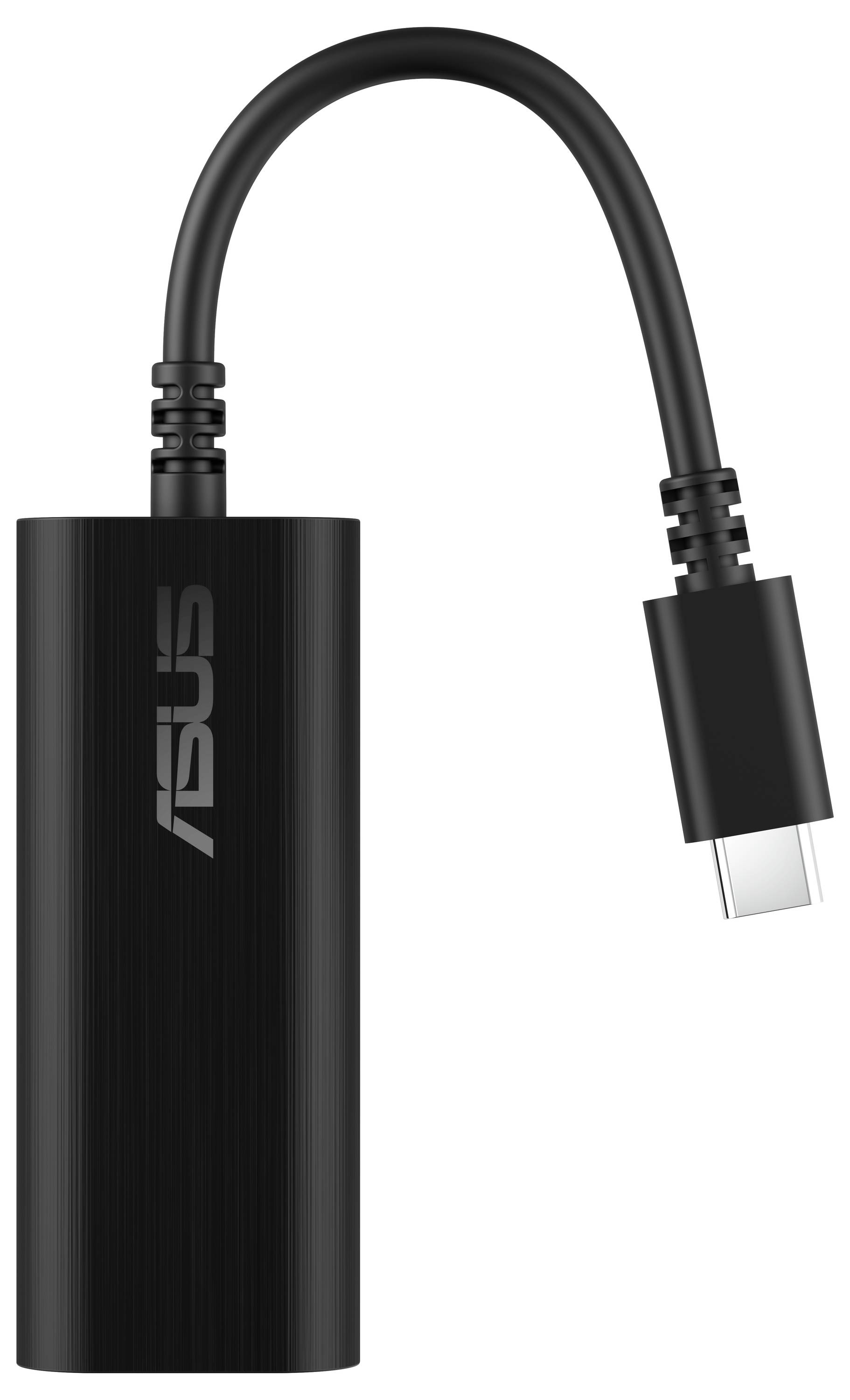 Ein schwarzer USB-C zu Ethernet-Adapter mit schlankem Design und dem Text „ASUS